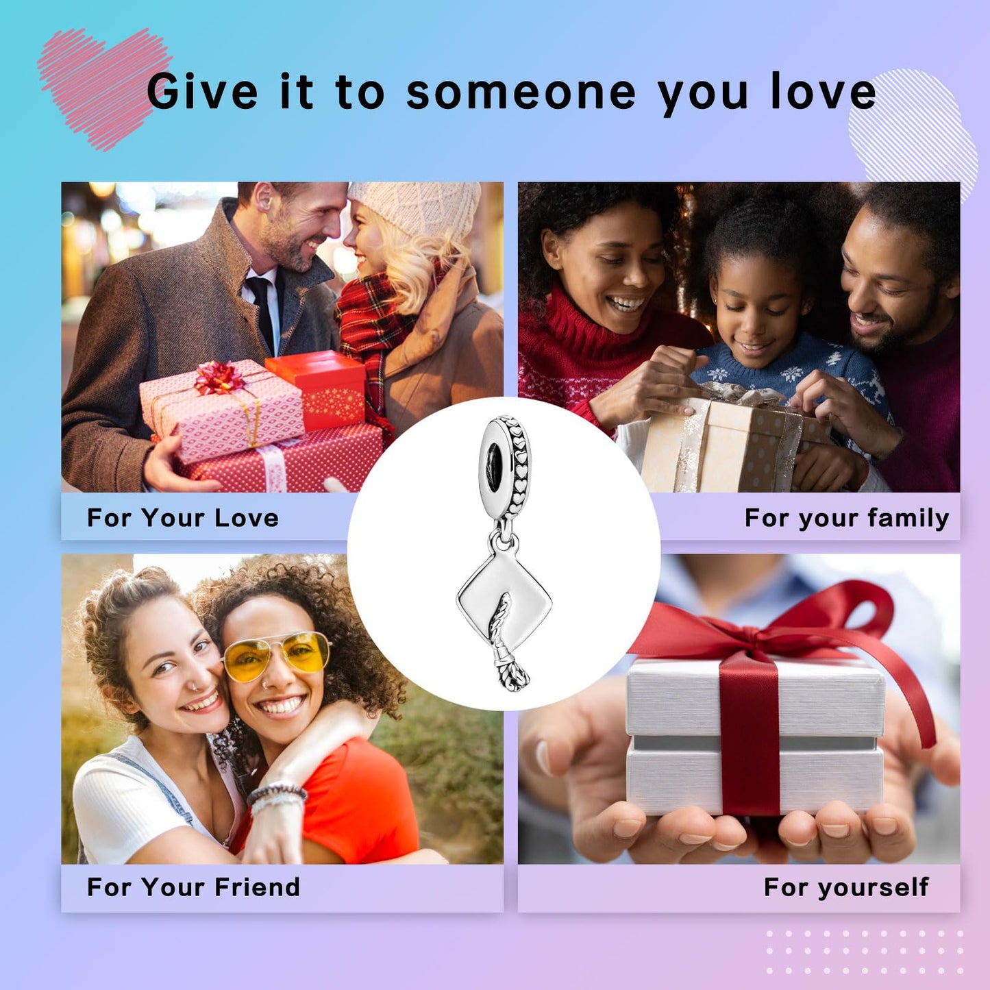 LUXILLA Graduation Cap Dangle Charm 925 Sterling Silver Fits Bracelets Necklace Pendant Bead Jewelry Gift for Women Family Friends