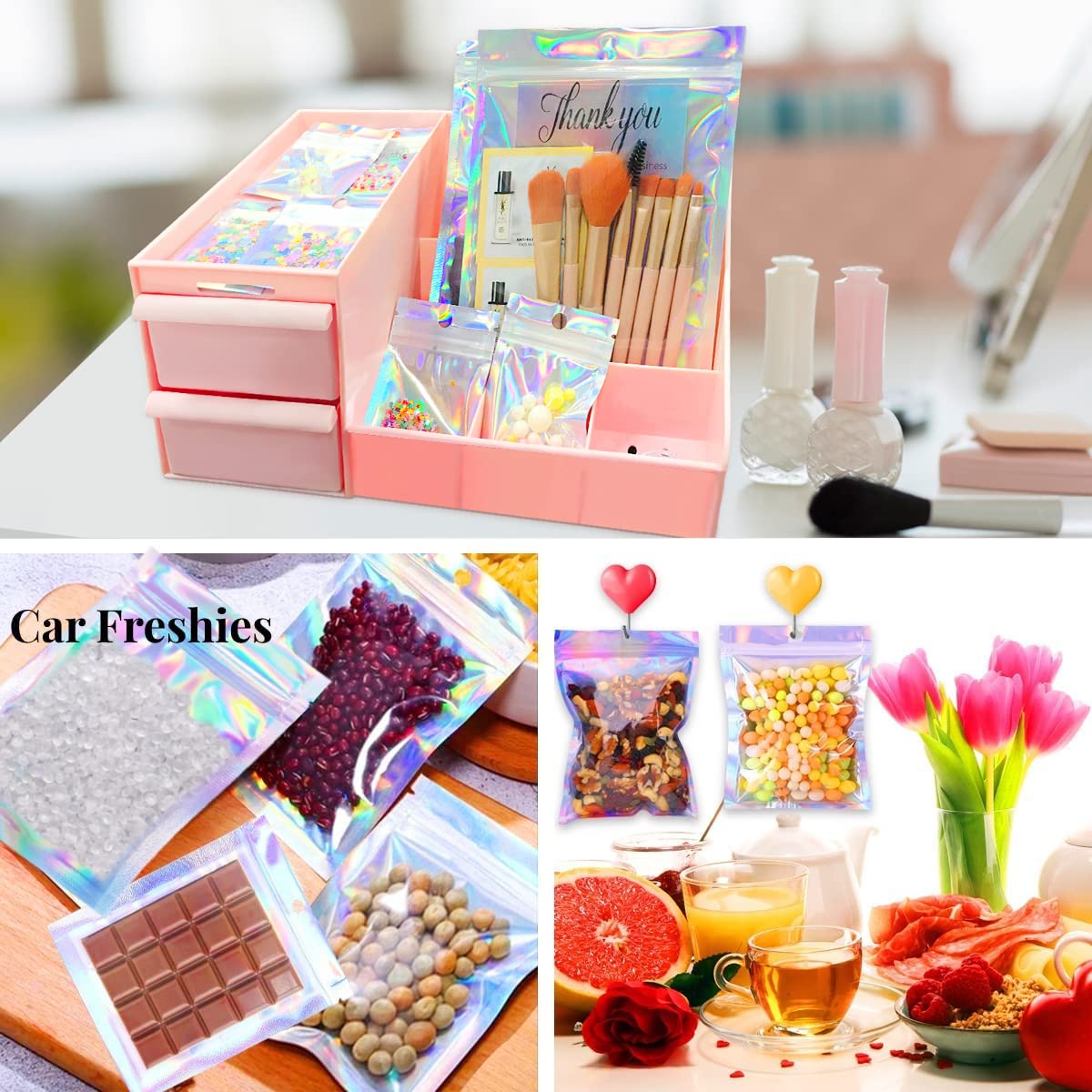 Trunple Smell Proof Bags & Resealable Foil Pouch Mylar Sample Bag Great for Party Favor Food Storage (Holographic Color) (50pcs-6x9 inch)