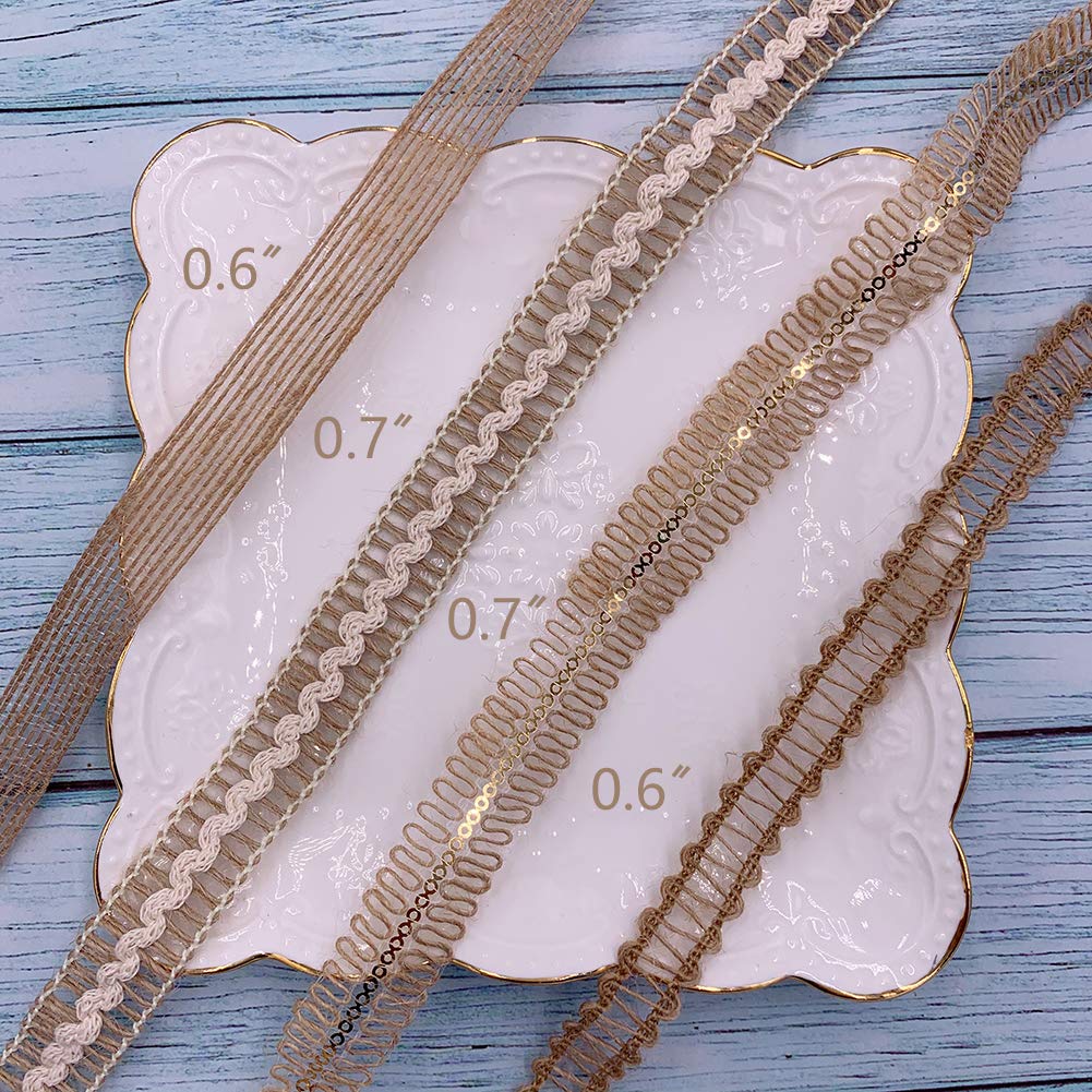 Ribbons,8 Rolls Burlap Lace Burlap Wedding Ribbon Natural Jute Rope Twine String for Crafts Gift Wrapping Wedding Party Home Decoration(17.6 Yards)