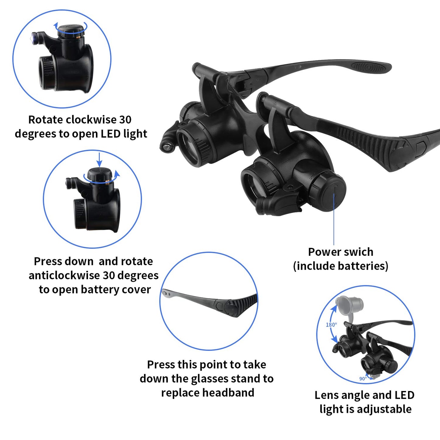 Beileshi Watch Repair Magnifier Loupe Jeweler Magnifying Glasses Tool Set with LED Light with 8 Interchangeable Lens-2.5X 4X 6X 8X 10x 15x 20x 25x