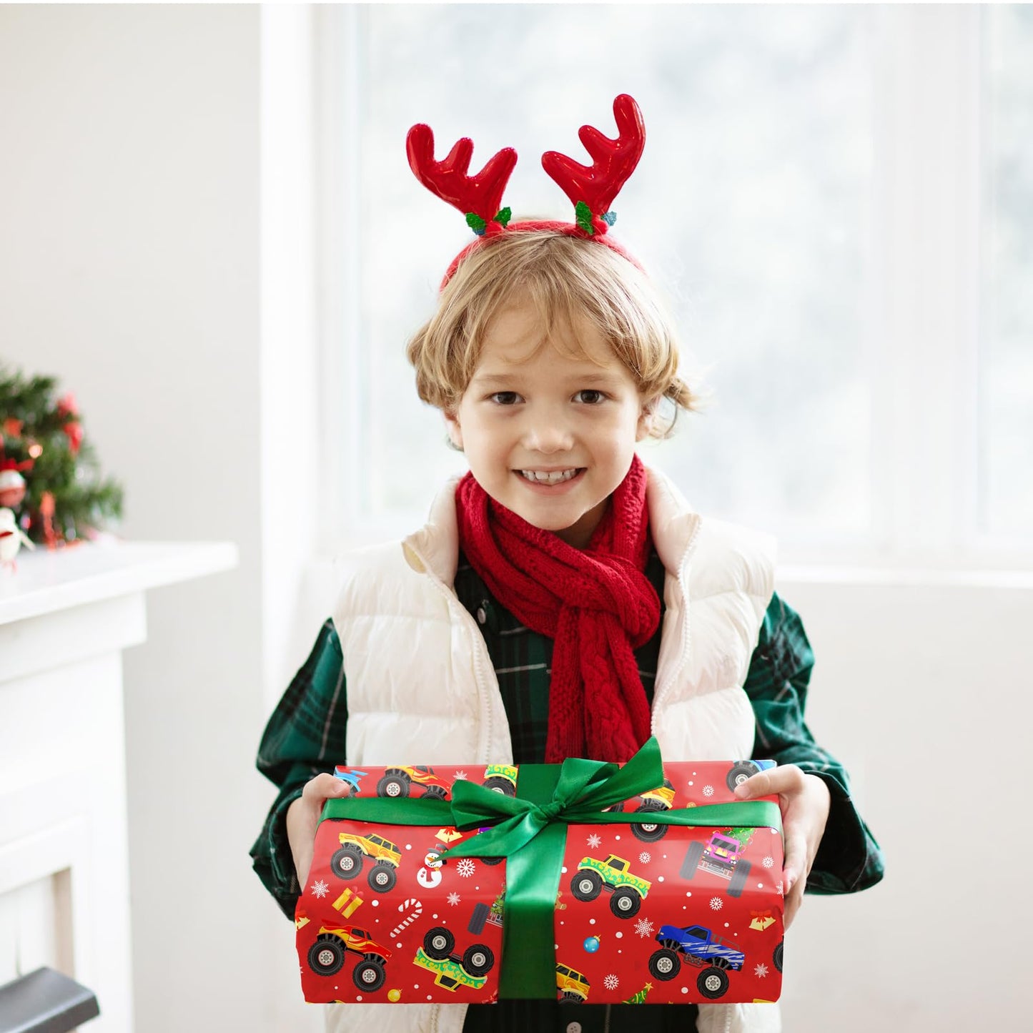 Cuitpan Red Monster Truck Christmas Wrapping Paper - Xmas Gift Wrap with Holiday Trees, Snowmen & Gingerbread Men Design - Ideal for Kids & Adults Gift Wrapping - 40×28 Inches, 4 Folded Sheets