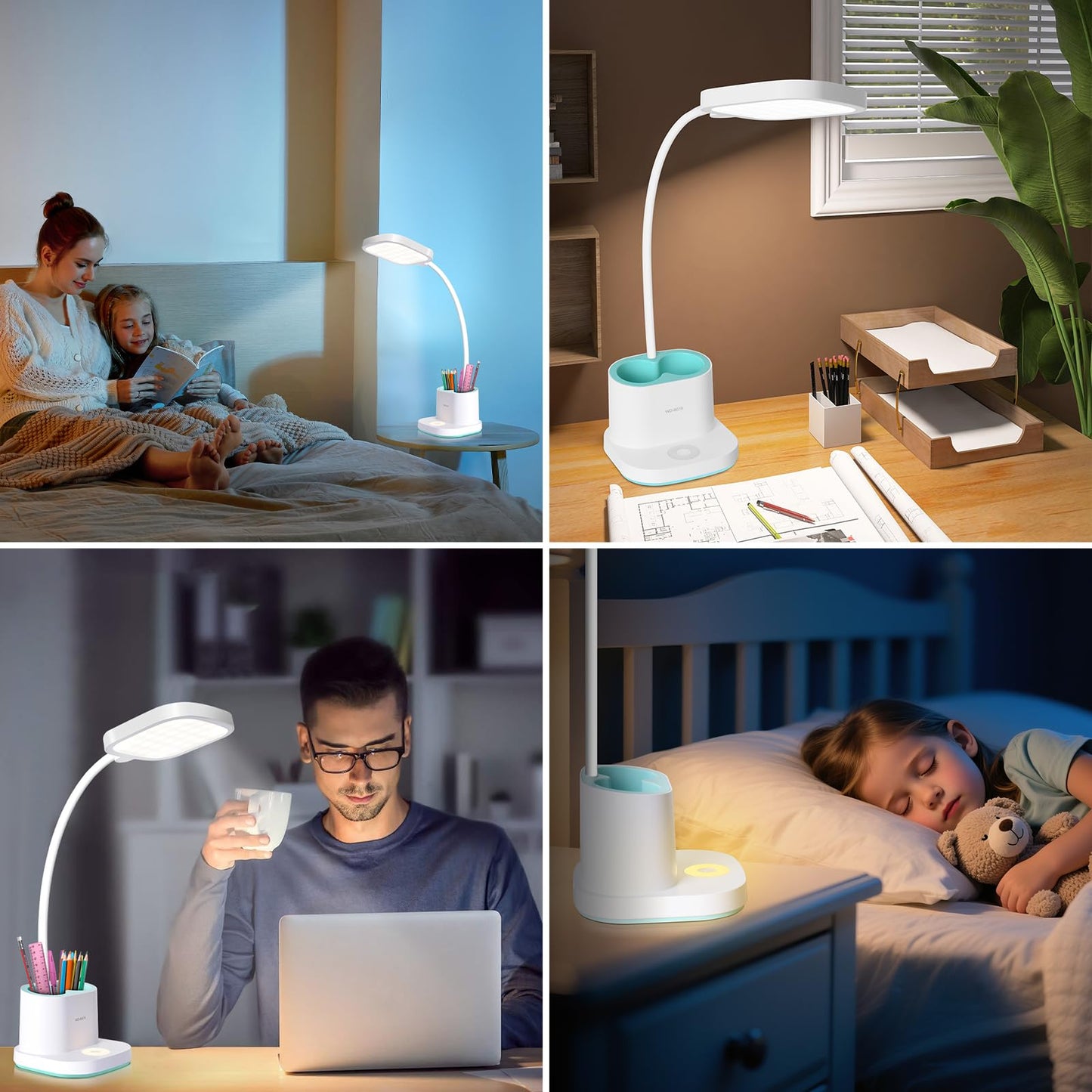 Hacevida LED Small Desk Lamp for Home Office Bedroom, Dimmable Reading Light with USB Charging Port, Eye-Caring, Rechargeable Study Lamp for Kids Student with Pen Holder, Table Lamp 360°Adjustable Arm