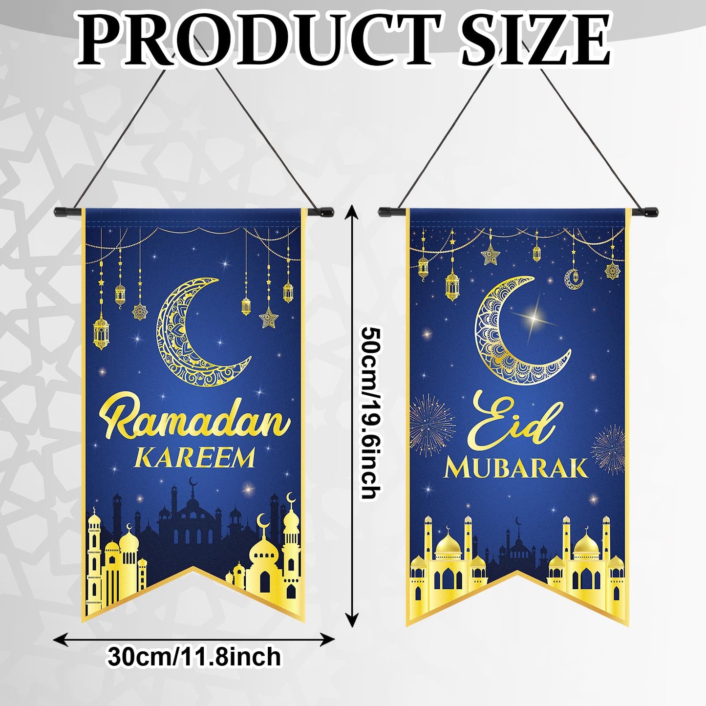 2PCS Eid Mubarak Decorations Ramadan Kareem Hanging Door Sign Ramadan Mubarak Banner Party Decorations Welcome Wall Banner for Party Supplies