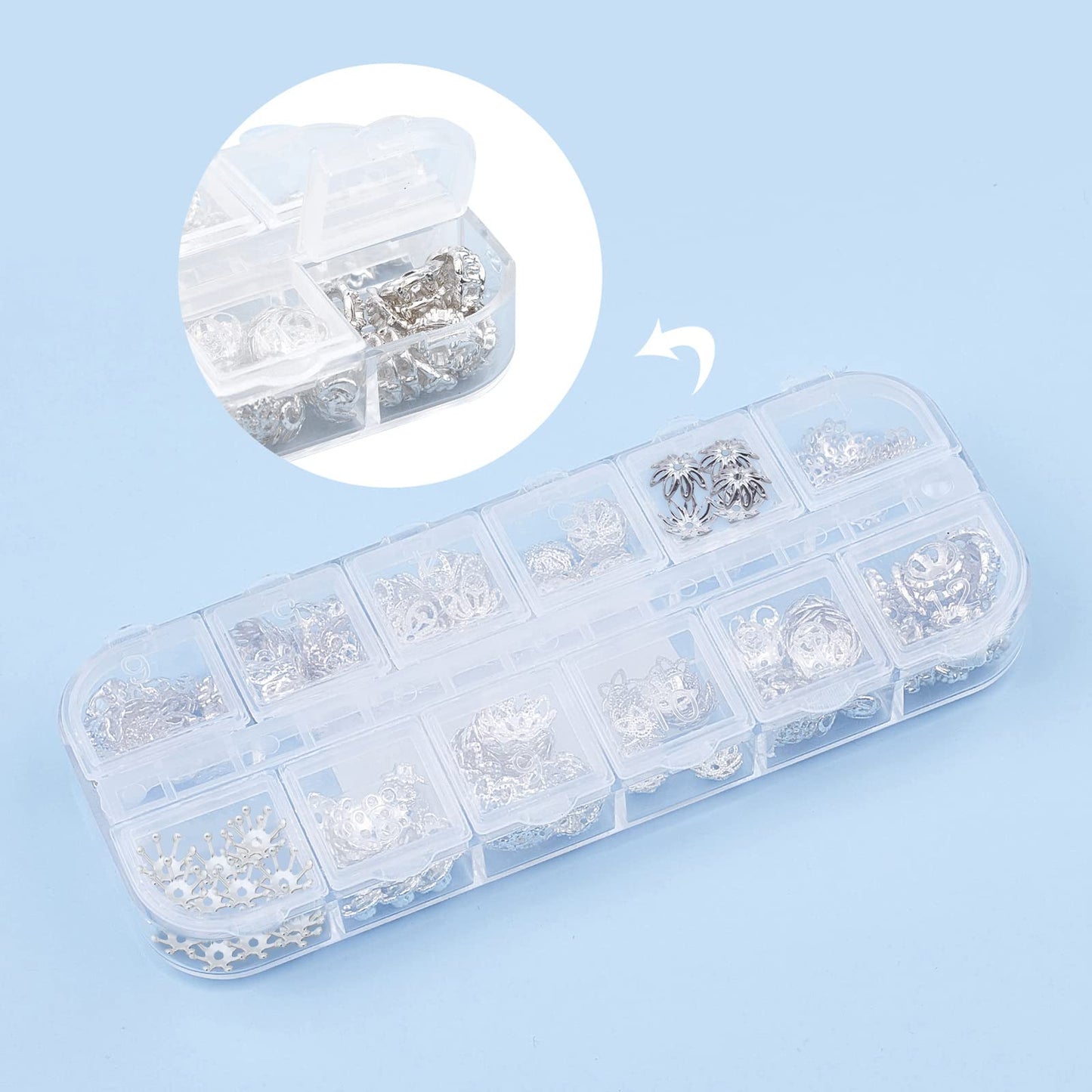 1 Box 240Pcs 12 Styles Flower Spacer Beads Caps Silver Bead Caps Mixed Tibetan Beads Jewelry Findings for DIY Earring Bracelet Necklace Keyring Making