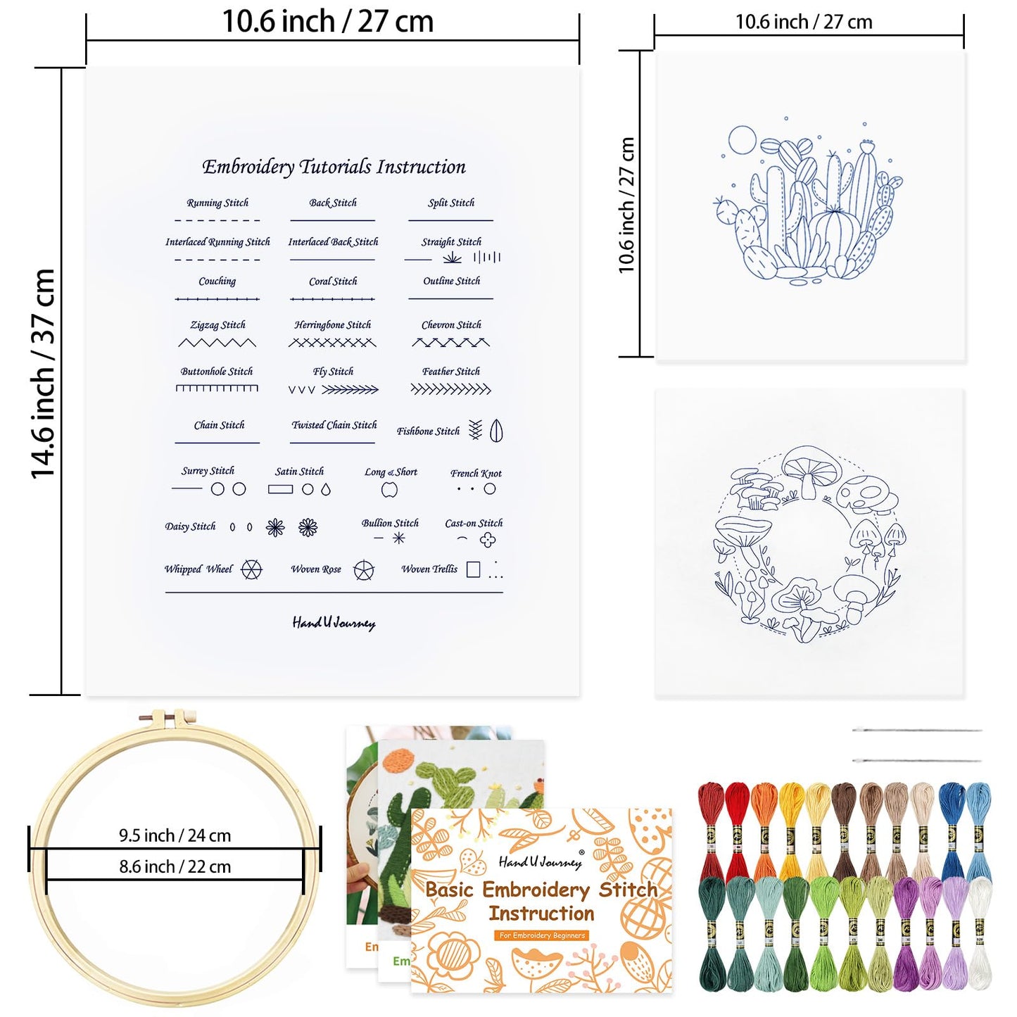 HAND U JOURNEY Basic Embroidery Stitch Kit: Perfect for Beginners with 28 Different Stitches and a Mushroom Embroidery Set