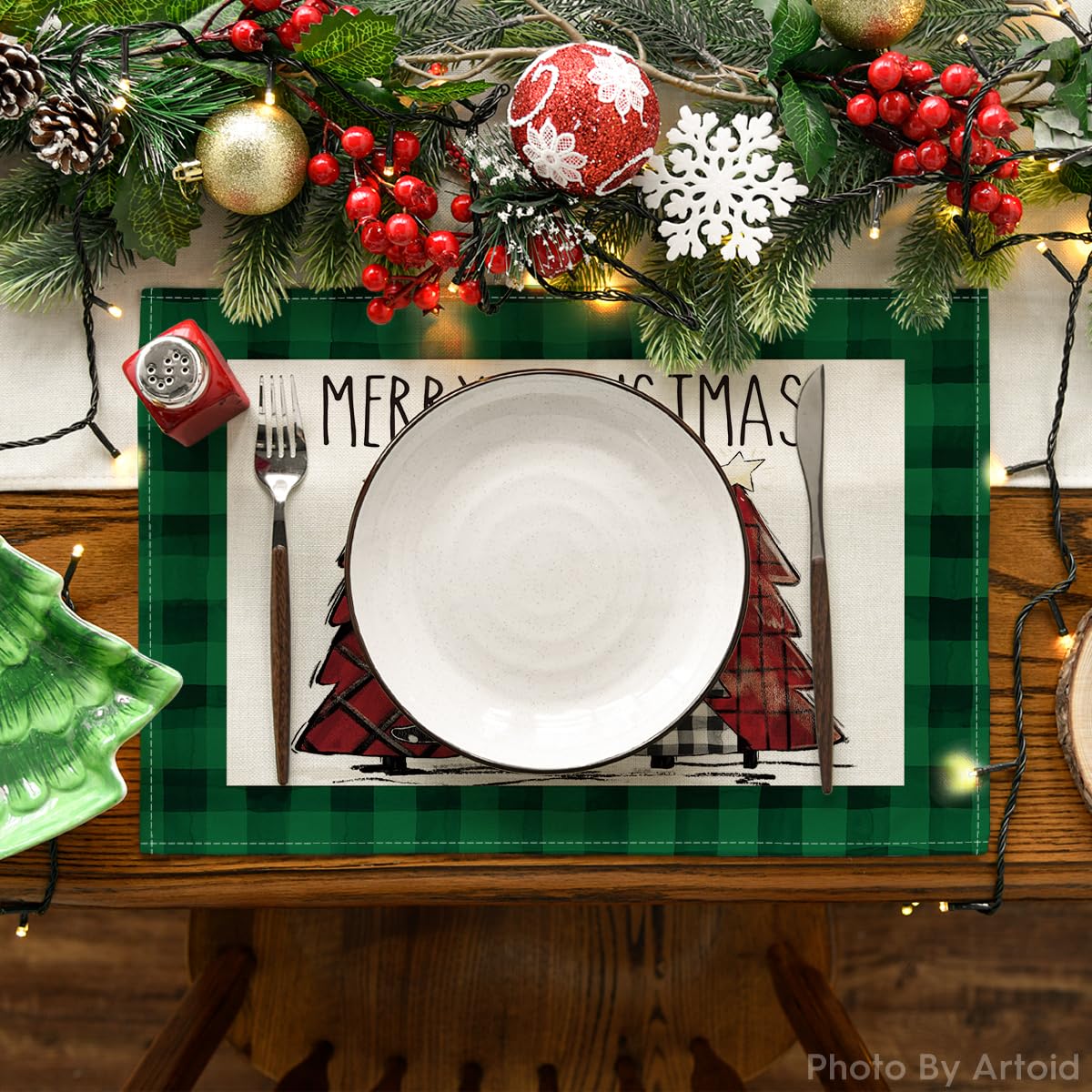 Artoid Mode Waterclor Green Buffalo Plaid Christmas Trees Placemats Set of 6, 12x18 Inch Winter Table Mats for Outdoor Home Party Kitchen Dining Decor