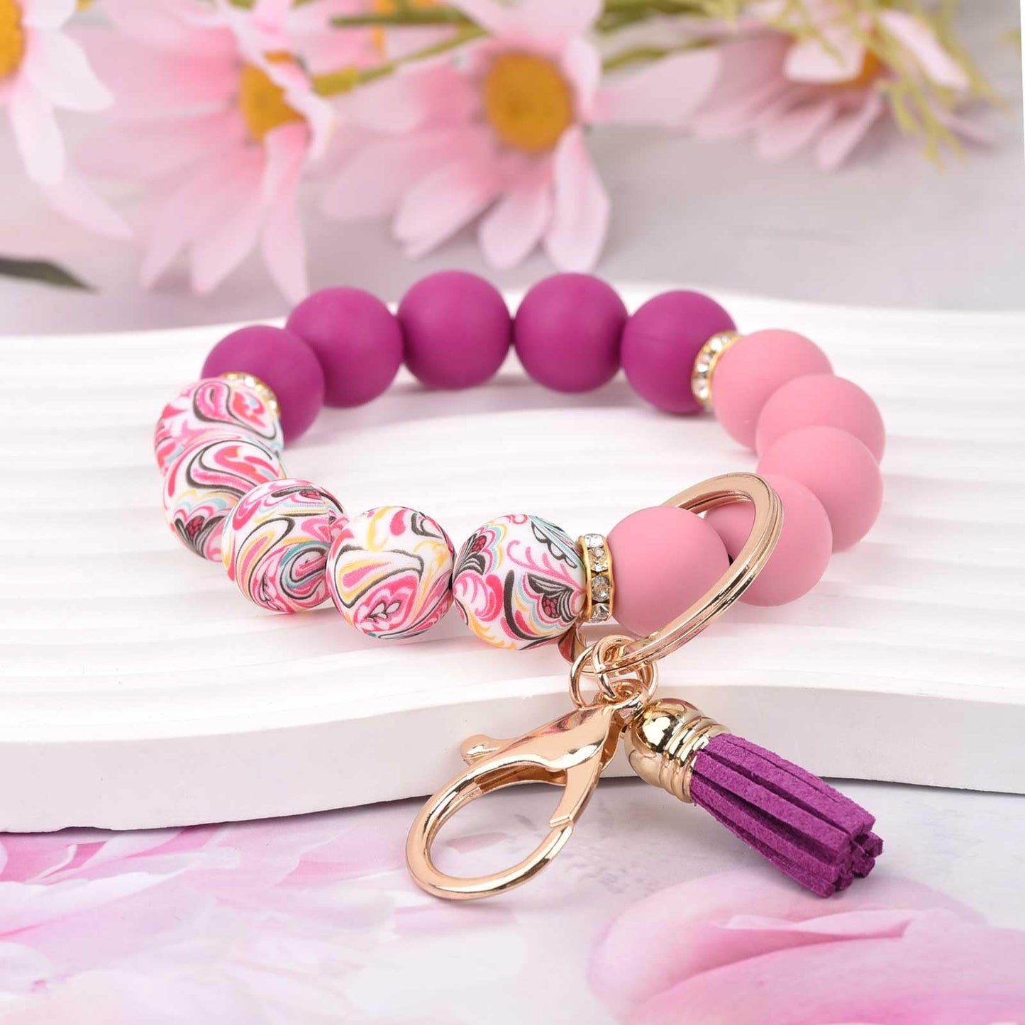 BAOSIWA Silicone Beaded Keychain Wristlet Key Ring Bracelet Cute Plum Car Key Chain Holder for Women Girls