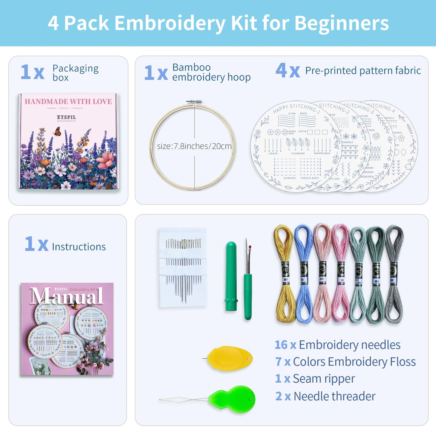 ETSPIL Beginner Embroidery Kit for Adults & Teens – 33 Stitches, Stamped Plant & Wreath Patterns, Hoop, Threads & Tools, Video & Manual Instructions, Easy & Fun DIY Gift for Craft Lovers