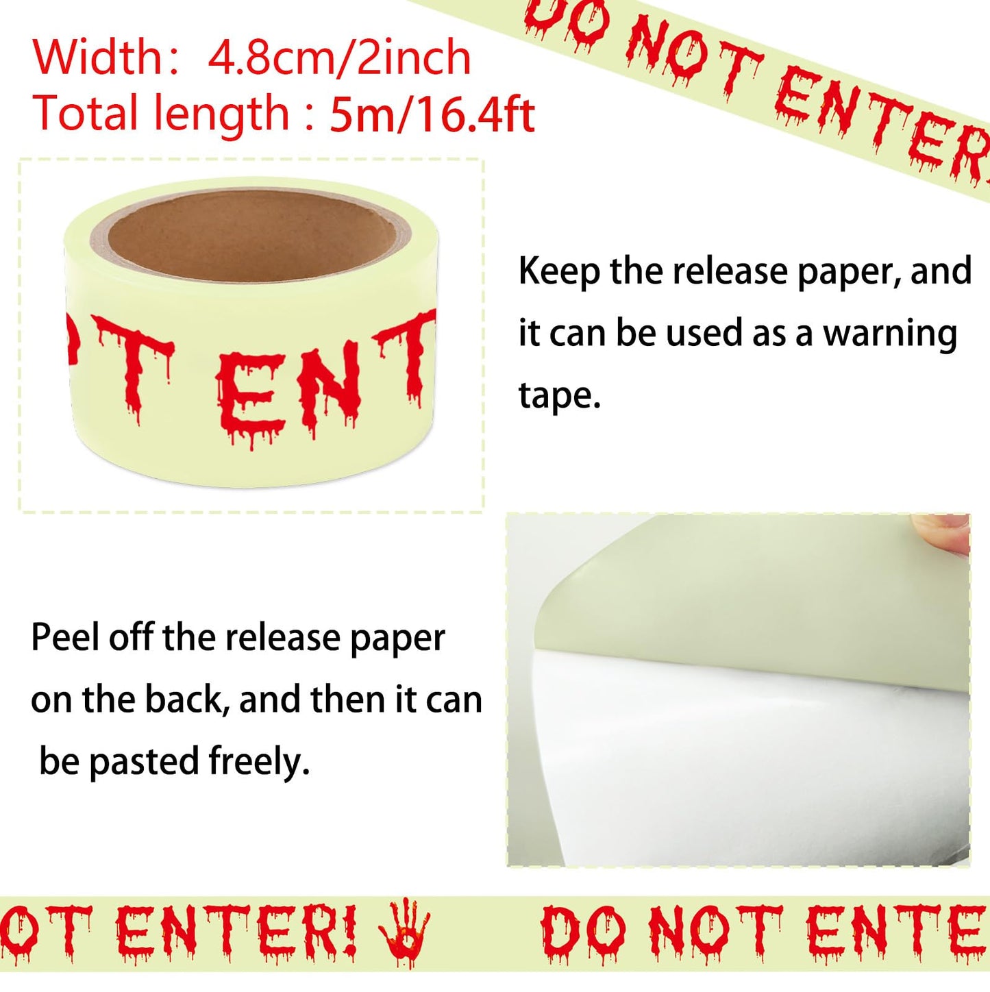 Glow in The Dark Halloween Decorations Caution Tape 2inx16.4ft Do Not Enter Scary Caution Tape Roll Hazard Warning Tapes Indoor Outdoor Barricade Safety Spooky DIY Home Party Door Danger Zones Office