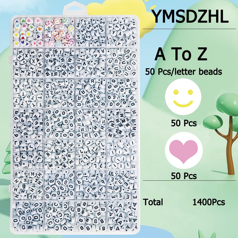 Alphabet Beads A-Z 1200+Pcs Letter Beads, Acrylic 4x7mm Round Letter Beads Kits,Black Digit and Colorful Smile Beads for Bracelets Necklaces DIY Jewelry Making (Black,1200+PCS)