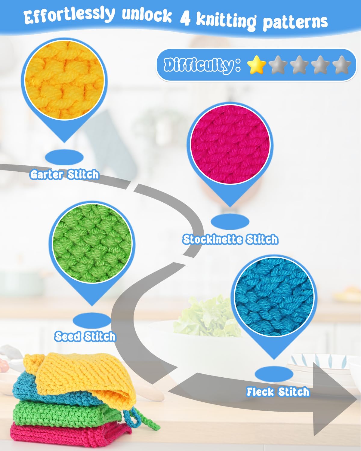 Katech Knitting Kit for Beginners - Learn to Knit Dishcloth - Adults & Kids Knitting Kit with Knitting Book, Needles, Yarn, Yarn Needle, Craft Kits Gift (Beginner to Expert)