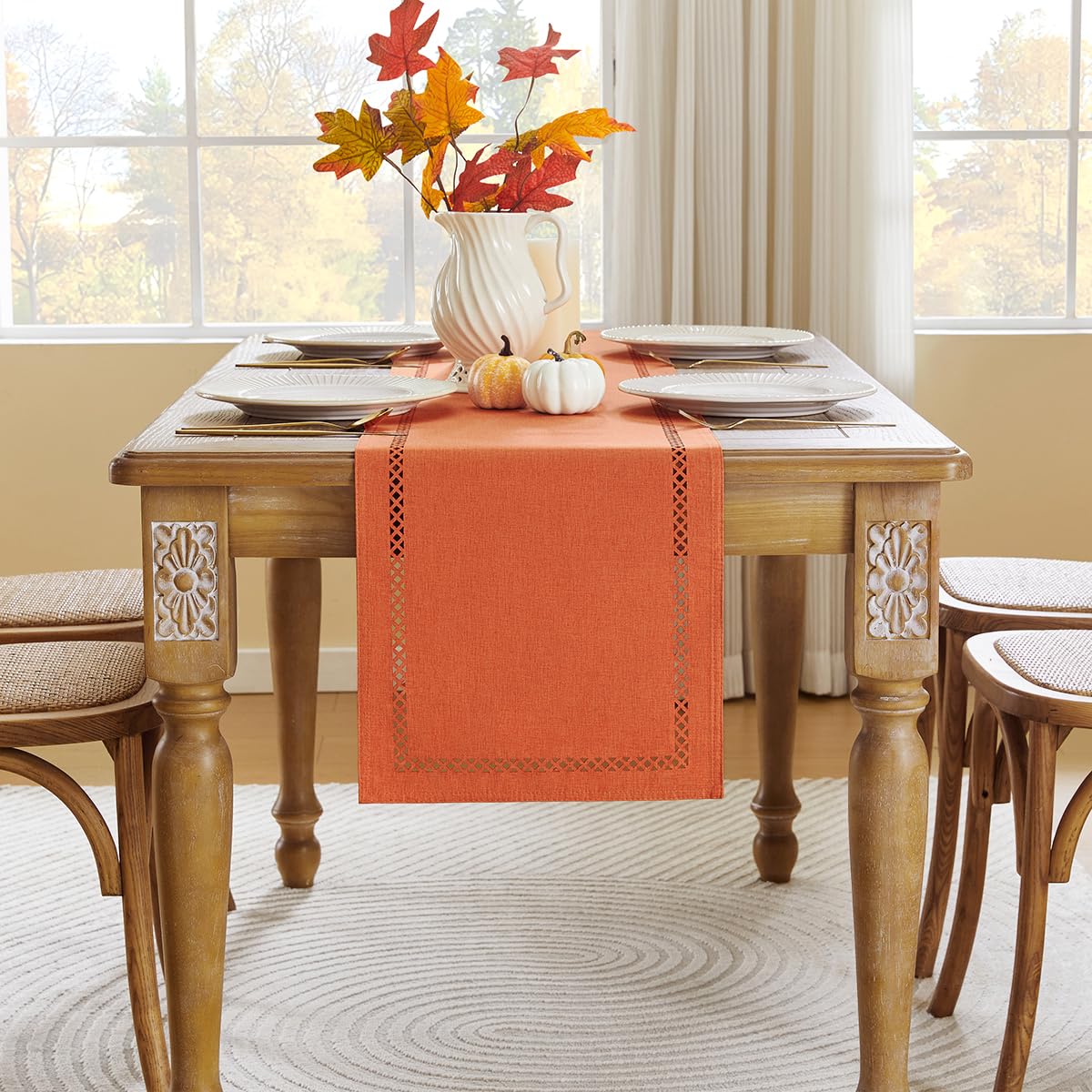 Fall Table Runner Decorations, Burlap Style Farmhouse 13 x 108 Inch Orange Table Runner, Rustic Geometric Hollow Table Runners 108 Inches Long for Autumn Thanksgiving Decorations, 13x108 Inches,Orange