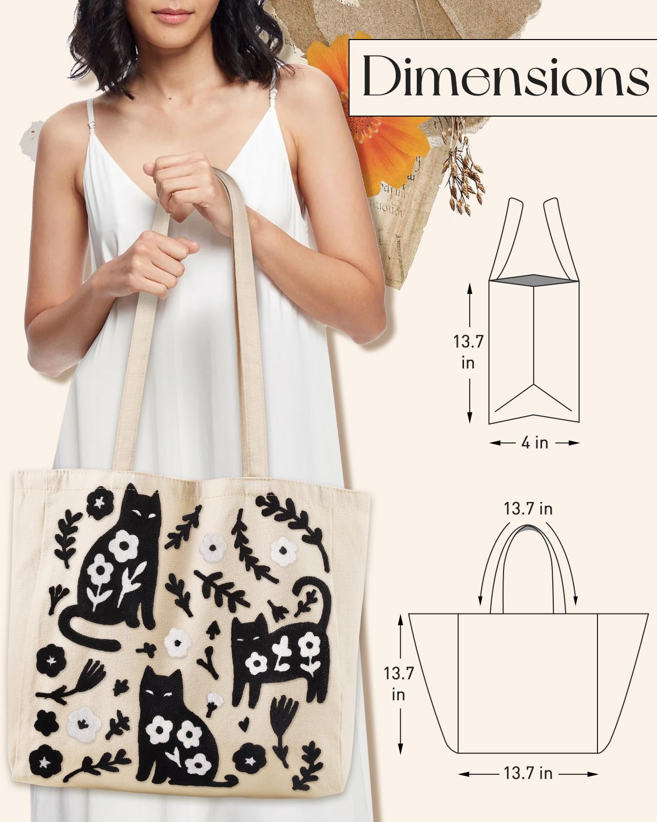 Miss Adola Embroidery Canvas Tote Bag for Women - Reusable Totes with Pocket & Magnetic Buckle Cute Aesthetic Designer Shoulder Bags for Shopping Grocery Daily Work, Black Cat Flower