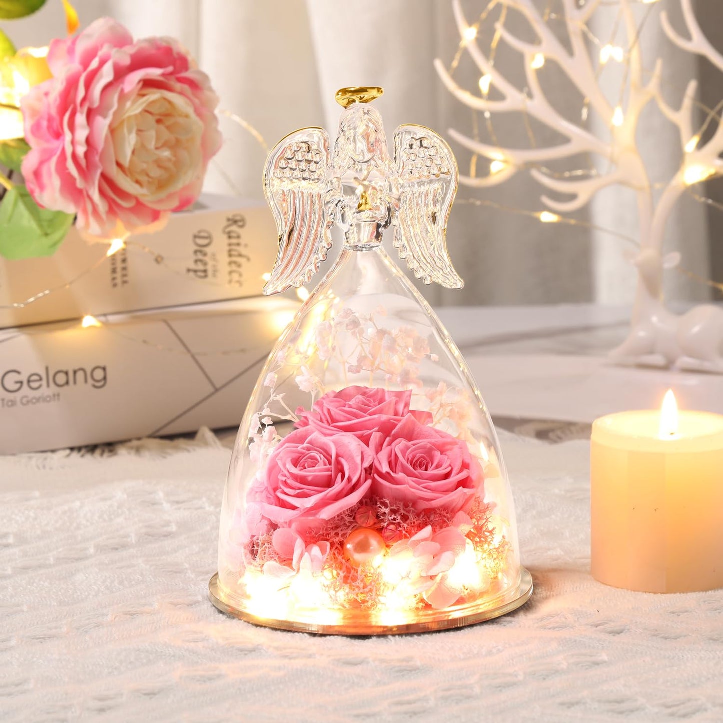 Gifts for Mom Birthday Gifts for Women,Preserved Flowers Rose in Glass Angel Figurines Flowers for Delivery,Preserved Three Red Rose with Lights,Birthday for Mom Women Grandma Wife