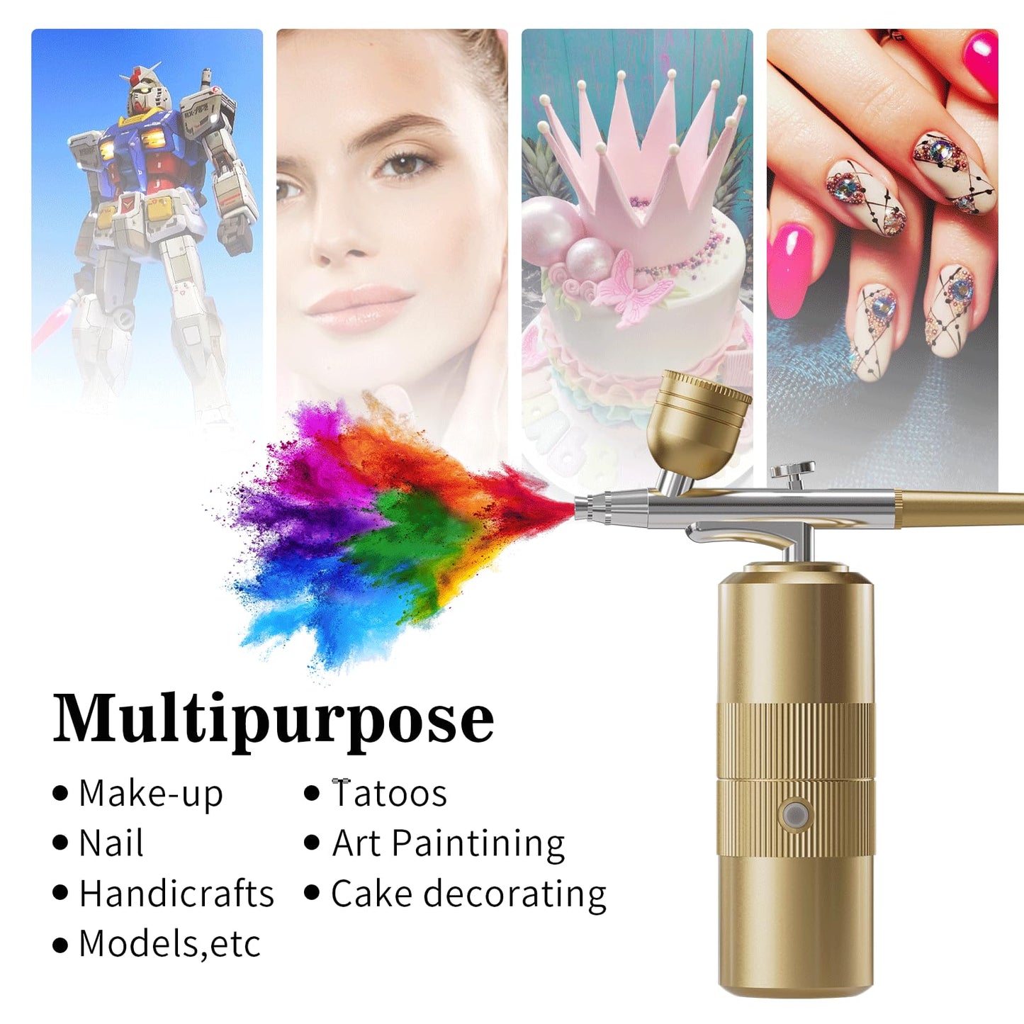 Airbrush Kit with Compressor Portable Airbrush Kit 48PSI High-Pressure Non-Clogging Air Brush Set Cordless Rechargeable with 0.3mm Nozzle and Cleaning Brush for Painting,Nail Art, Makeup (Gold)