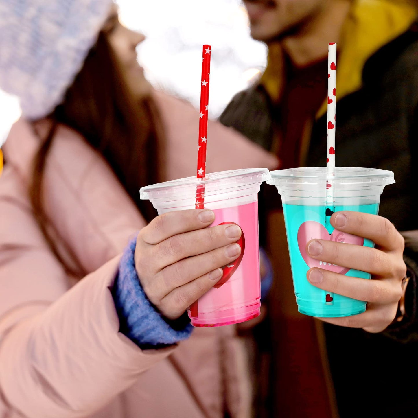 20 Sets Valentine's Day Disposable Cups with Lid and Straws,12 oz Clear Plastic Valentines Cups with Stickers for Iced Coffee Juice Valentine's Day Party Supplies (Classic)