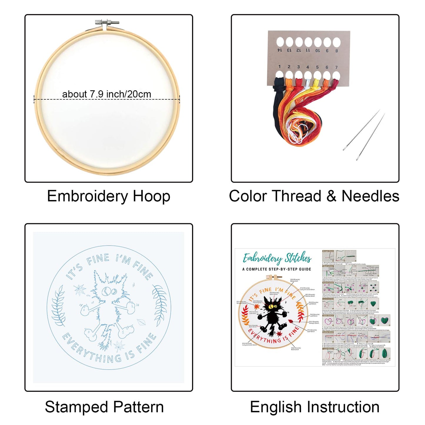 Louise Maelys Cute Cat Embroidery Kits for Beginners with Funny Animal Pattern,Adults Starter Cross Stitch Kit DIY Needlepoint Everything is Fine