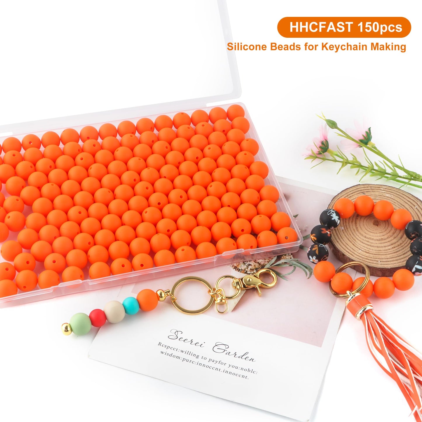 HHCFAST 150Pcs 15mm Silicone Beads, Silicone Beads for Keychain Making Bulk Silicone Beads for Bracelet Making Necklace Making and Round Silicone Beads for Pens(Orange)
