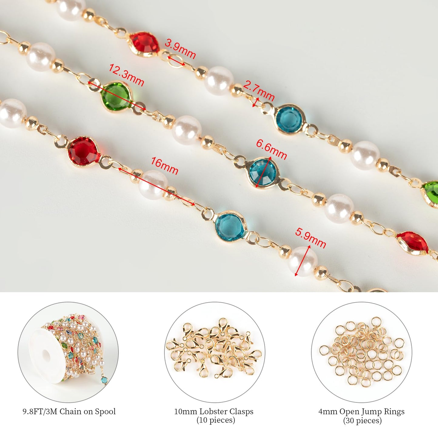 KYUNHOO 3M Artificial Pearl Chains for Jewelry Making, Mixed Color Rhinestone Jewelry Chains Bulk with Jump Rings and Lobster Clasps Jewelry Supplies Findings
