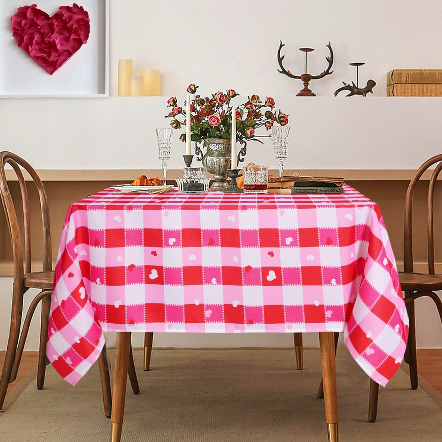 V-Day Checkered Fabric Rectangle Table Cloth- 60 x 84 Inch -Polyester Heart Pattern Tablecloth, Table Cover Protector for Party, Wedding, Valentine Decoration Use, Red & White