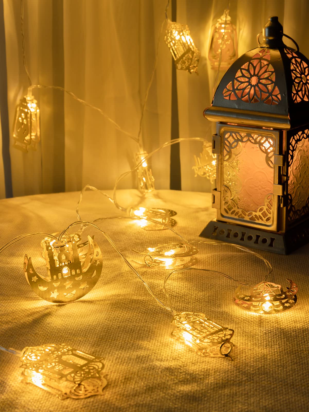 Ramadan Eid String Light - 9.8 ft 20 LEDs Mubarak String Light, Muslim String Decor with Moon Star Kerosene Lantern Palace Ornaments for Islamic Indoor Outdoor Home Garden Party Supplies - White Bulb