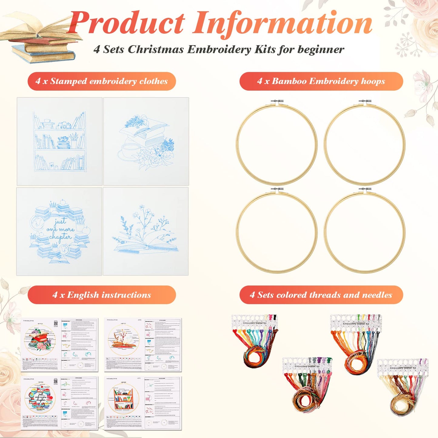 4 Set Embroidery Kit for Beginners Adults Book Lovers Funny Cross Stitch Embroidery Kit with Bamboo Hoops Needles Threads Instructions Needle Threader(Classic)