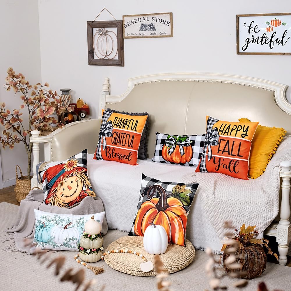 Fall Throw Pillow Covers 18x18 Inch Set of 4, Buffalo Plaid Pumpkin Scarecrow Orange Cushion Case for Sofa & Bed Autumn Thanksgiving Decor Farmhouse Home Decoration