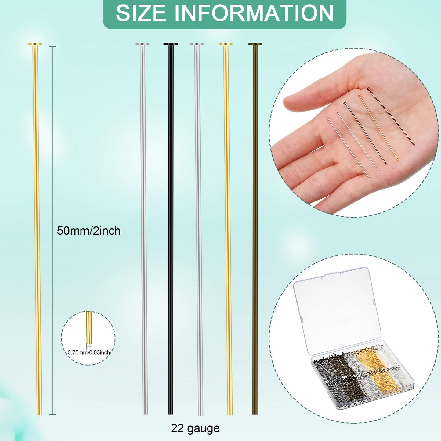 500 Pieces Flat Head Pins for Jewelry Making 2 Inch Straight Head Pins Metal End Headpins DIY Head Pin Findings with Plastic Box for Craft Earring Bracelet Necklace Pendant Supplies (Mixed Colored)