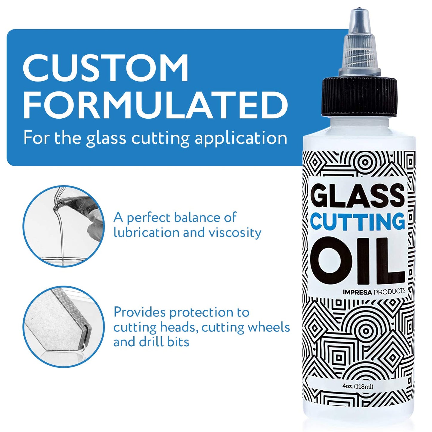 Impresa Glass Cutting Oil with Precision Application Top - 4 oz - Great for Stained Glass, Bottles, Tiles, and Mirrors - Custom-Formulated for Various Glass Cutting Tools and Applications