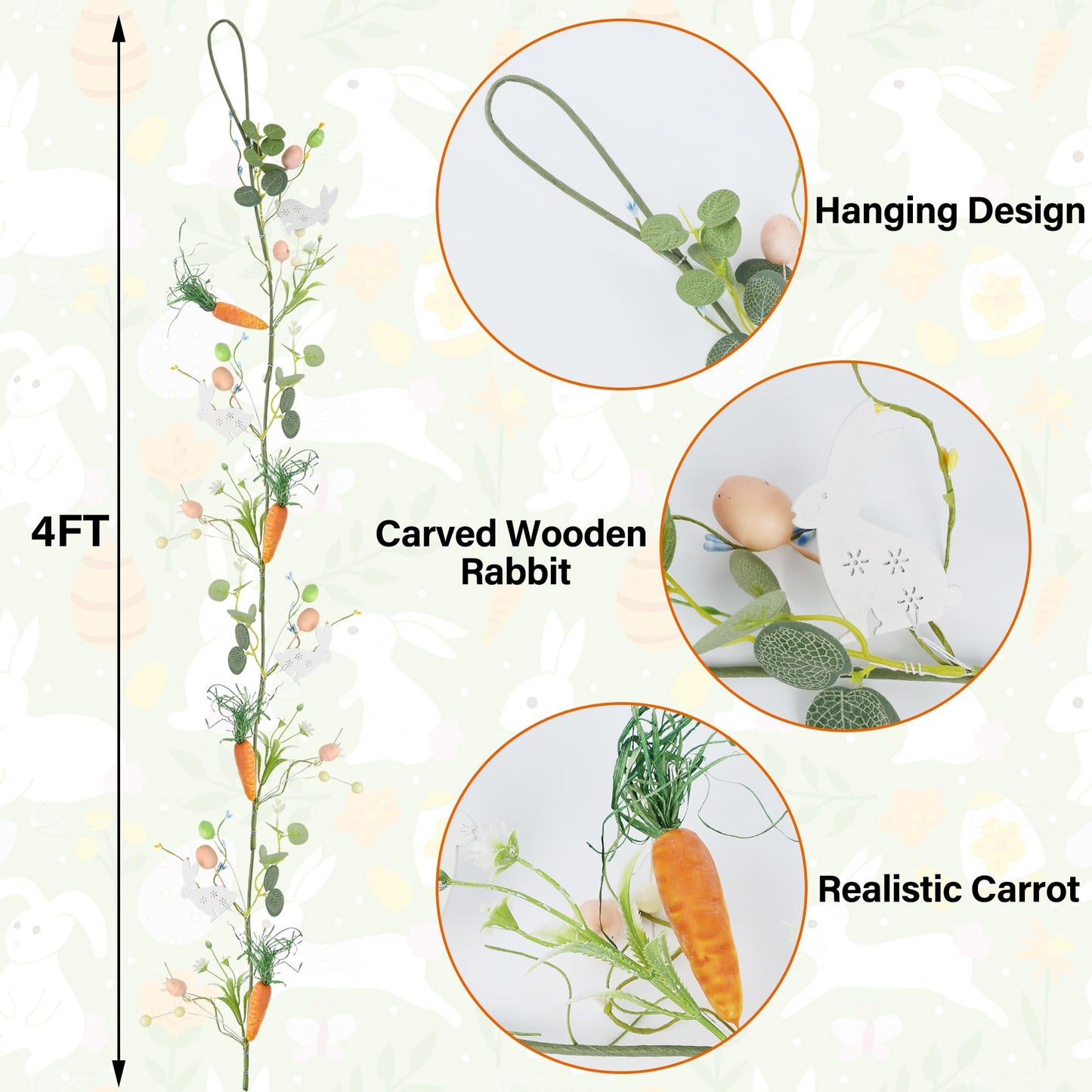 4 FT Easter Garland-Bunny & Carrot Garland Decorations for Mantle, Spring Artificial Garland with Easter Pastel Eggs for Indoor Home Fireplace Table Centerpiece Party Décor