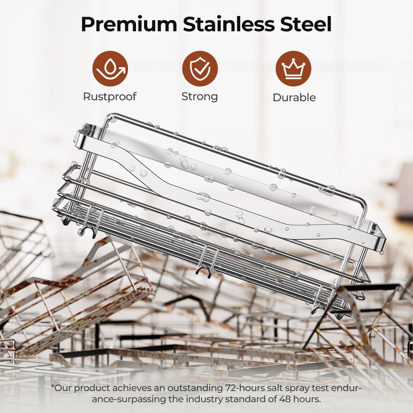 Orimade Shower Caddy Basket Shelf with 5 Hooks Adhesive Organizer Storage Rack Rust Resistant Wall Mounted Stainless Steel No Drilling for Bathroom, Toilet, Kitchen - 2 Pack