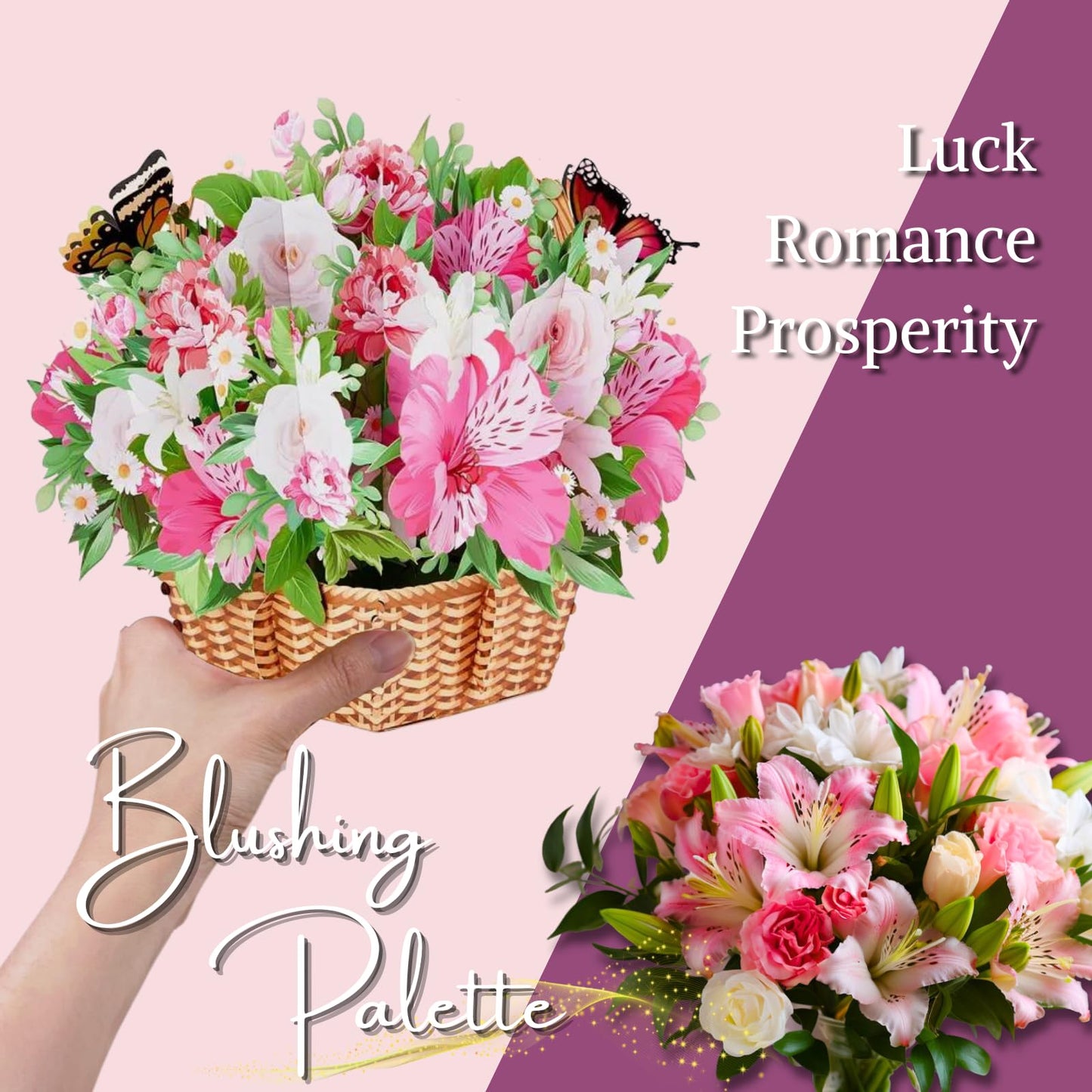 eGoHi Large Paper Flower Basket Card, Pop Up Cards, 10 inches with Note Card and Envelope - Blushing Palette