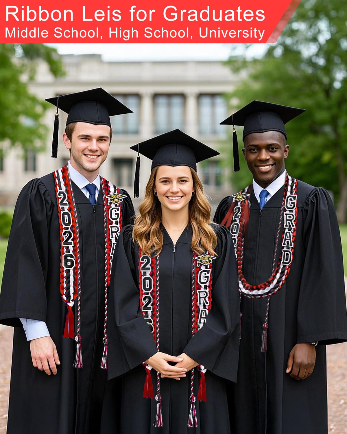 Yigney Graduation Lei Set Class of 2026 Grad Ribbon Leis with Honor Cord Double Braided Graduate Leis for Men Women Red Black White