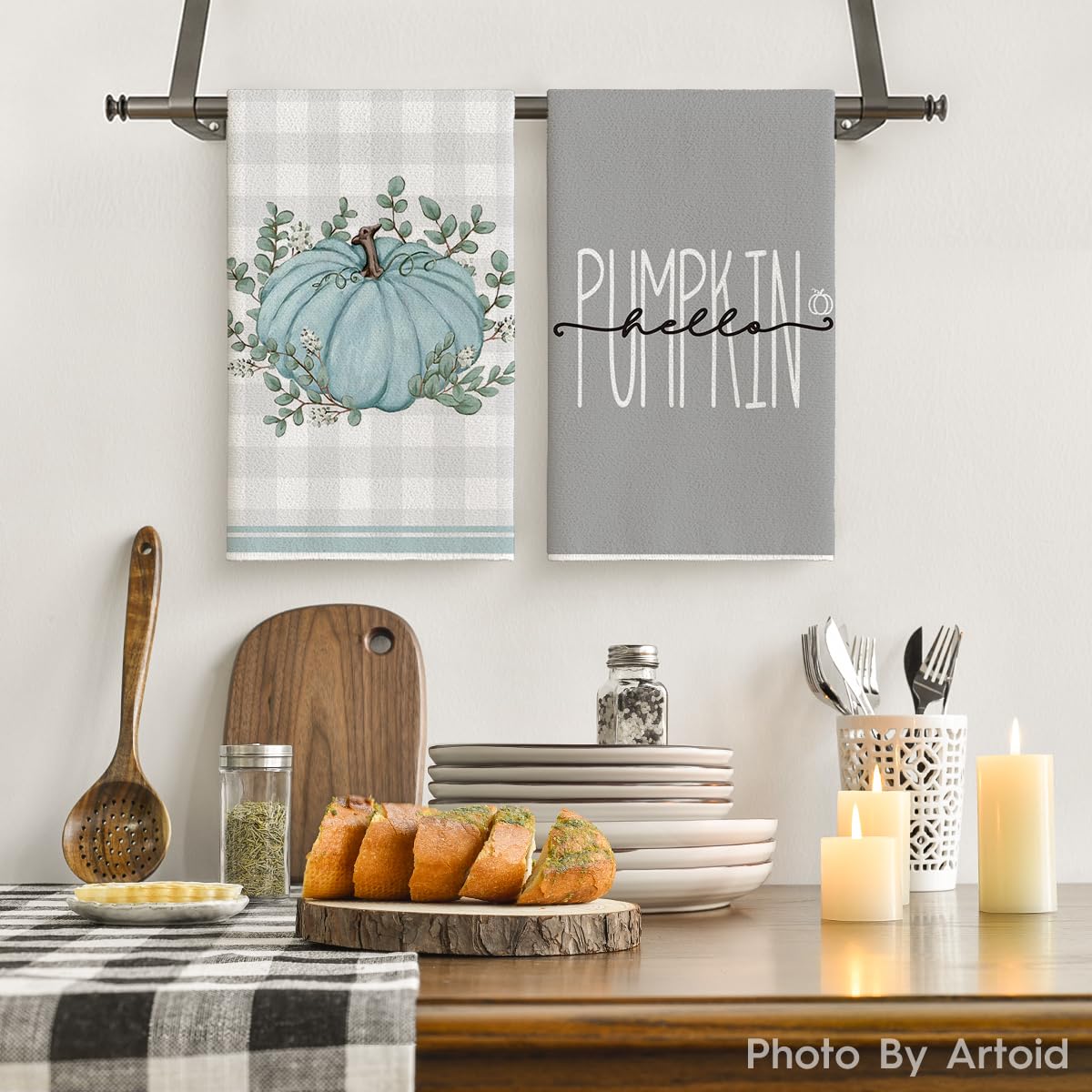 Artoid Mode Grey Eucalyptus Leaves Hello Pumpkin Fall Kitchen Towels Dish Towels, 18x26 Inch Farmhouse Give Thanks Decoration Hand Towels Set of 4