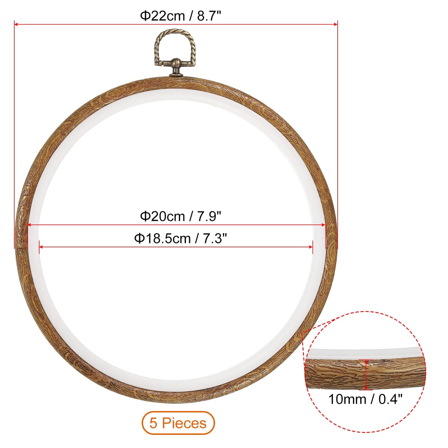 5 Pieces 8 Inch Embroidery Hoops Frame Round Imitated Wood Circle Cross Stitch Hoop Ring for Embroidery Art Craft Handy Sewing Decoration