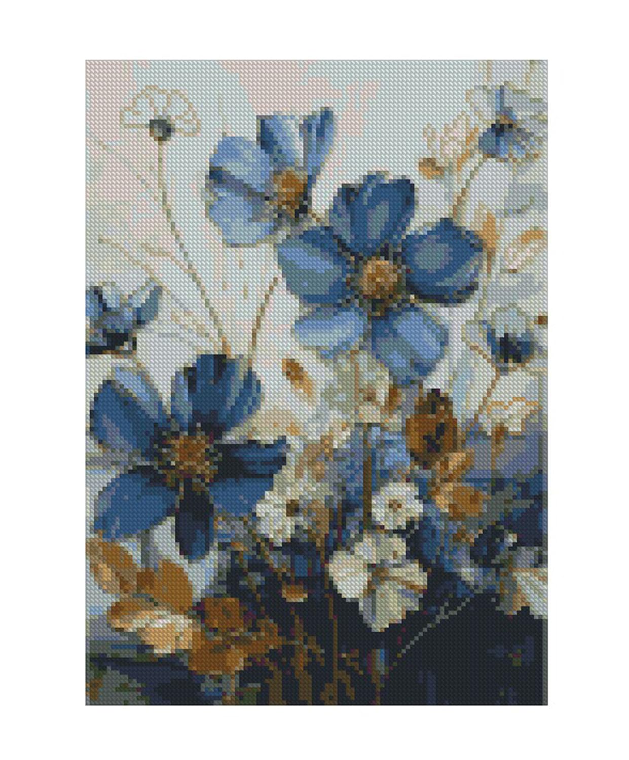 Floral Stamped Cross Stitch Kits, Blue Flowers Cross Stitch Ornament Kits for Adults Beginners, Counted Embroidery Needlepoint Kits Home Decor 12x16 Inch