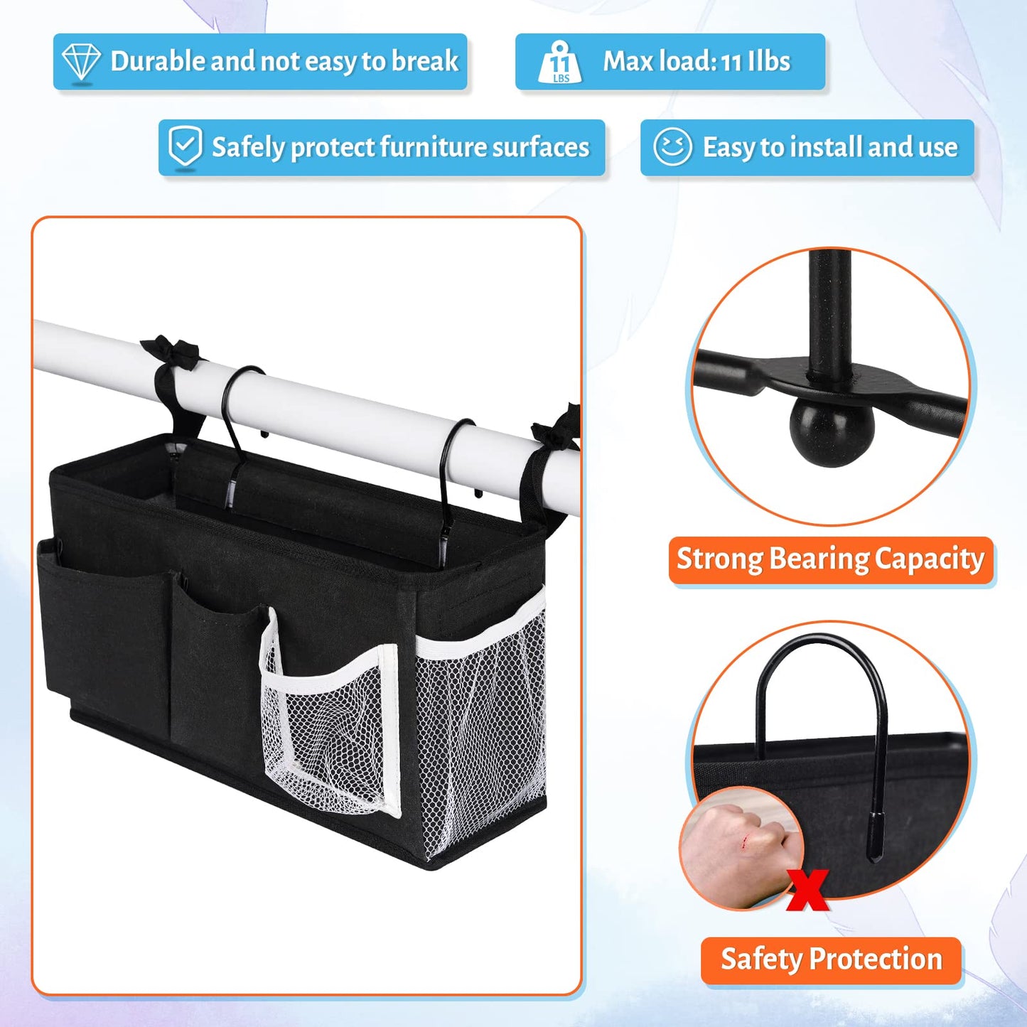 Loghot Bedside Caddy/Bedside Storage Bag Hanging Organizer for Bunk and Hospital Beds,Dorm Rooms Bed Rails,Can be Placed Glasses,Books,Mobile Phones,Keys (New Black-1)