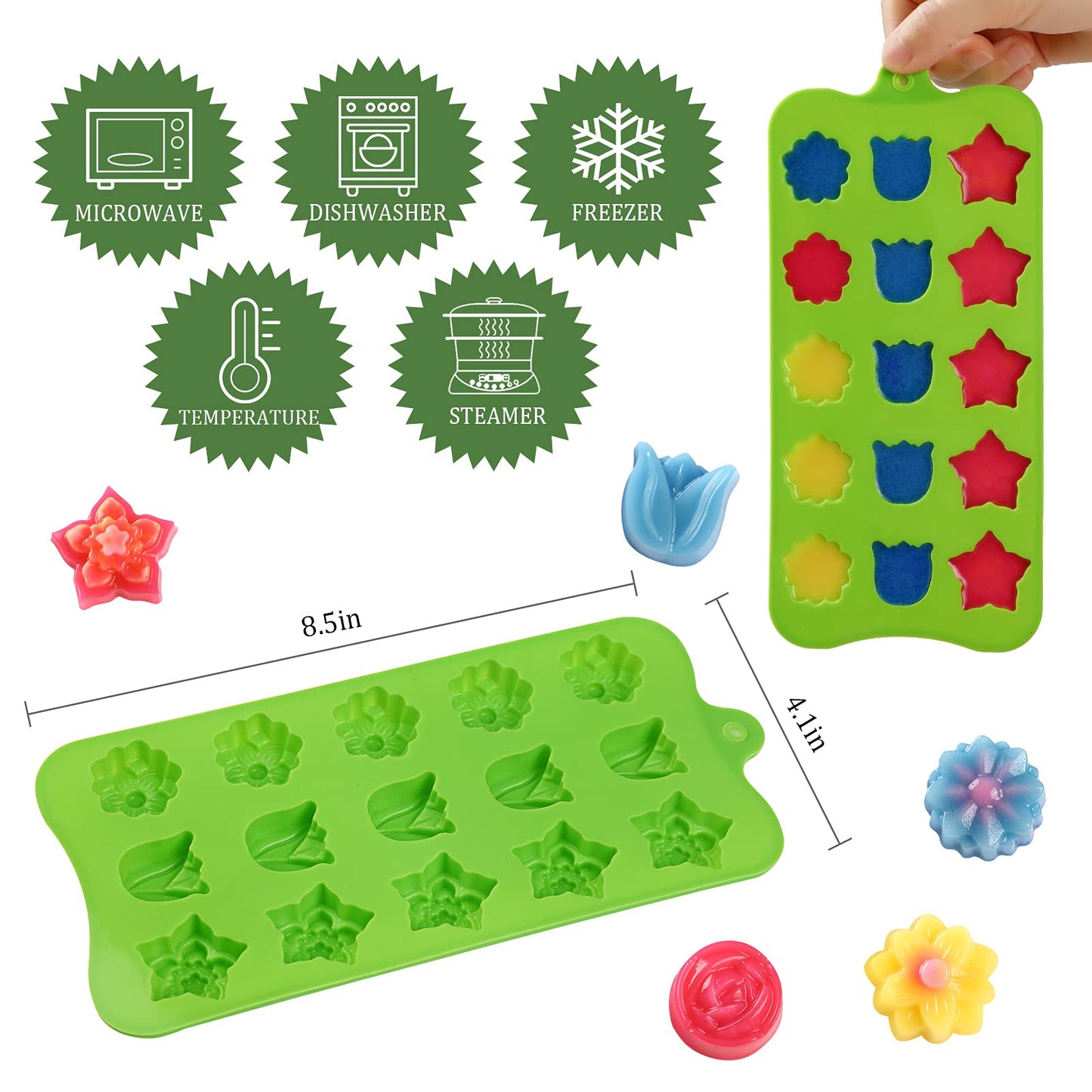 FIRETREESILVERFLOWER Flower Shape Chocolate Candy Molds Set,Heart,The stars,The rose,Flowers in Combination,15 Cavity Silicone Baking Mold Ice Cube Tray-Wedding,Festival,Parties and DIY Crafts-(6Pcs)