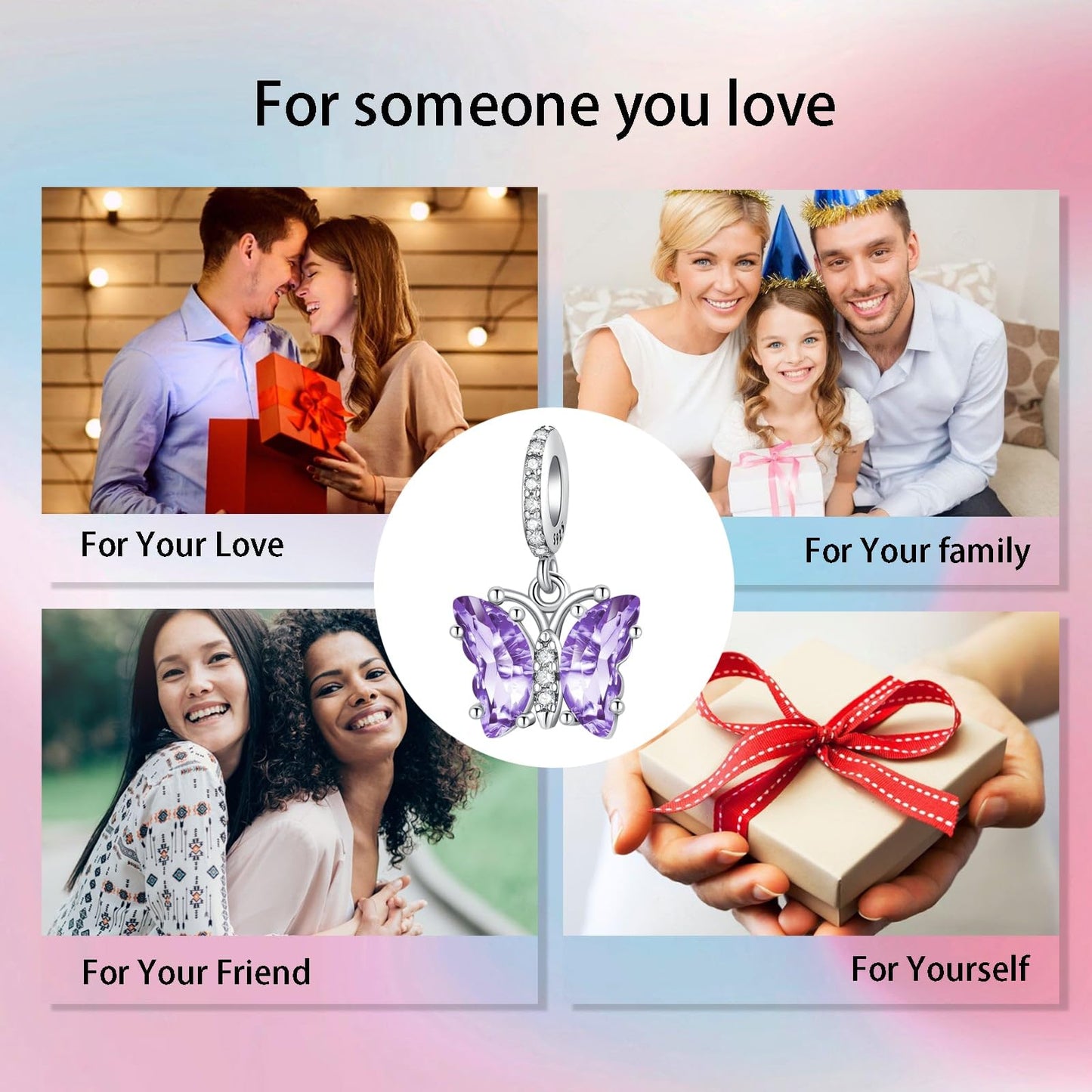 Alstade Butterfly Dangle Charm Purple Glass 925 Sterling Silver Charms fits Bracelets and Necklace Pendant Bead Charms Jewelry Present for Women Family Friends