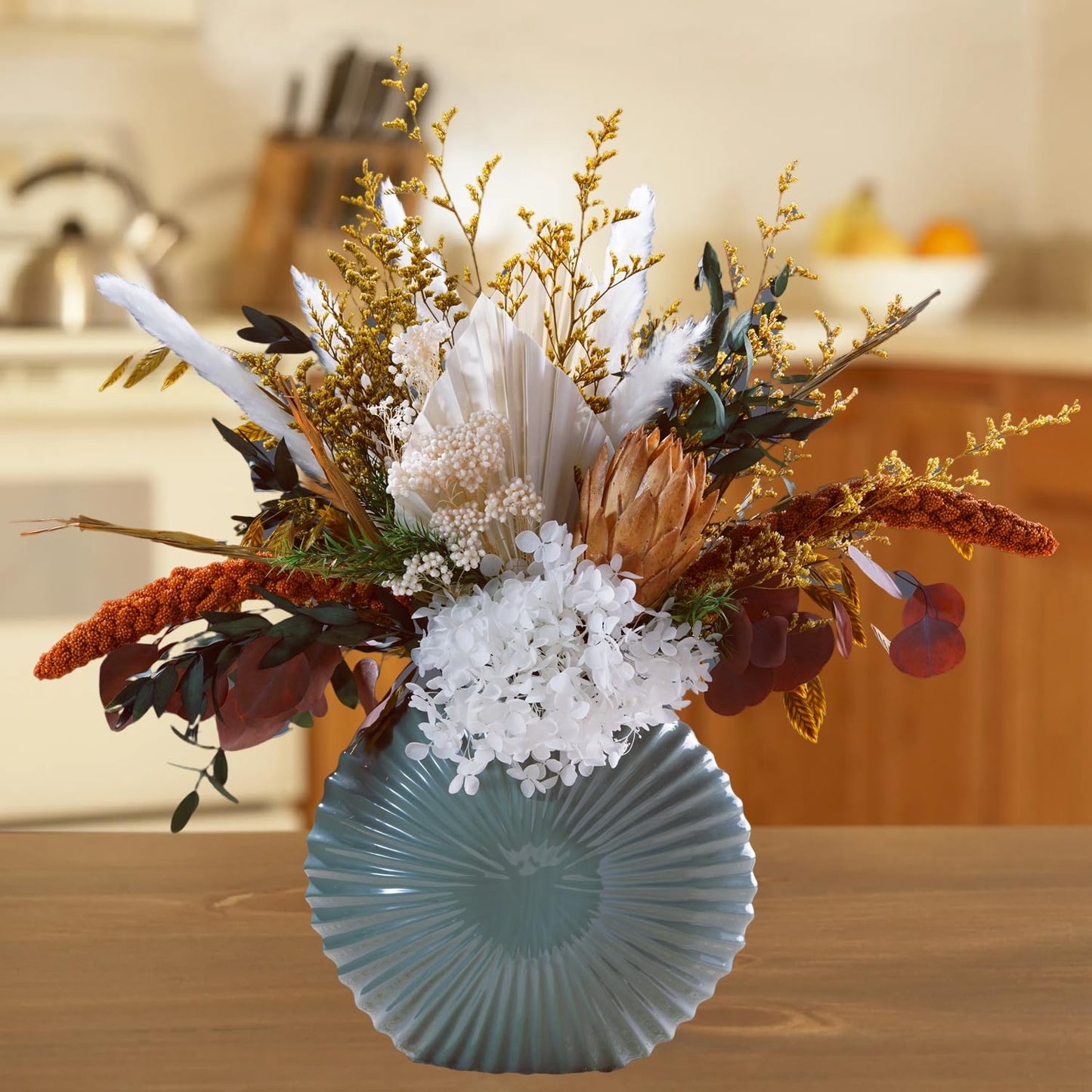 Natural Dried Flower Bouquet - Pampas Grass Decor, Fall Floral Arrangements with Eucalyptus, Plams, Hydrangea, Rustic Bouquet for Vase, Boho Table Centerpiece, Bohemia Home Wedding Decoration