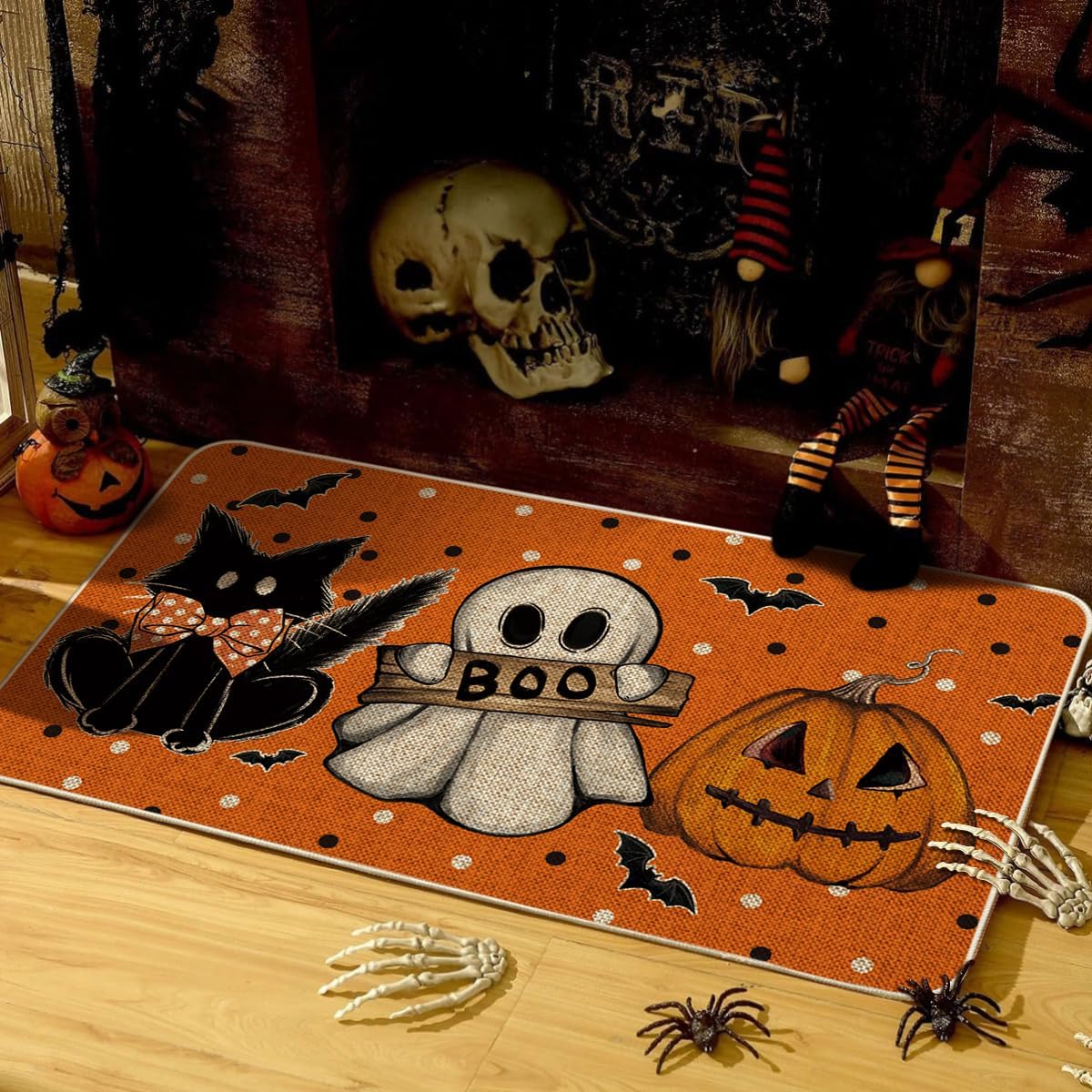 Artoid Mode Orange Cat Jack-O'-Lantern Ghost Pumpkins Halloween Doormat, Seasonal Low-Profile Floor Switch Mat for Indoor Outdoor 17x29 Inch