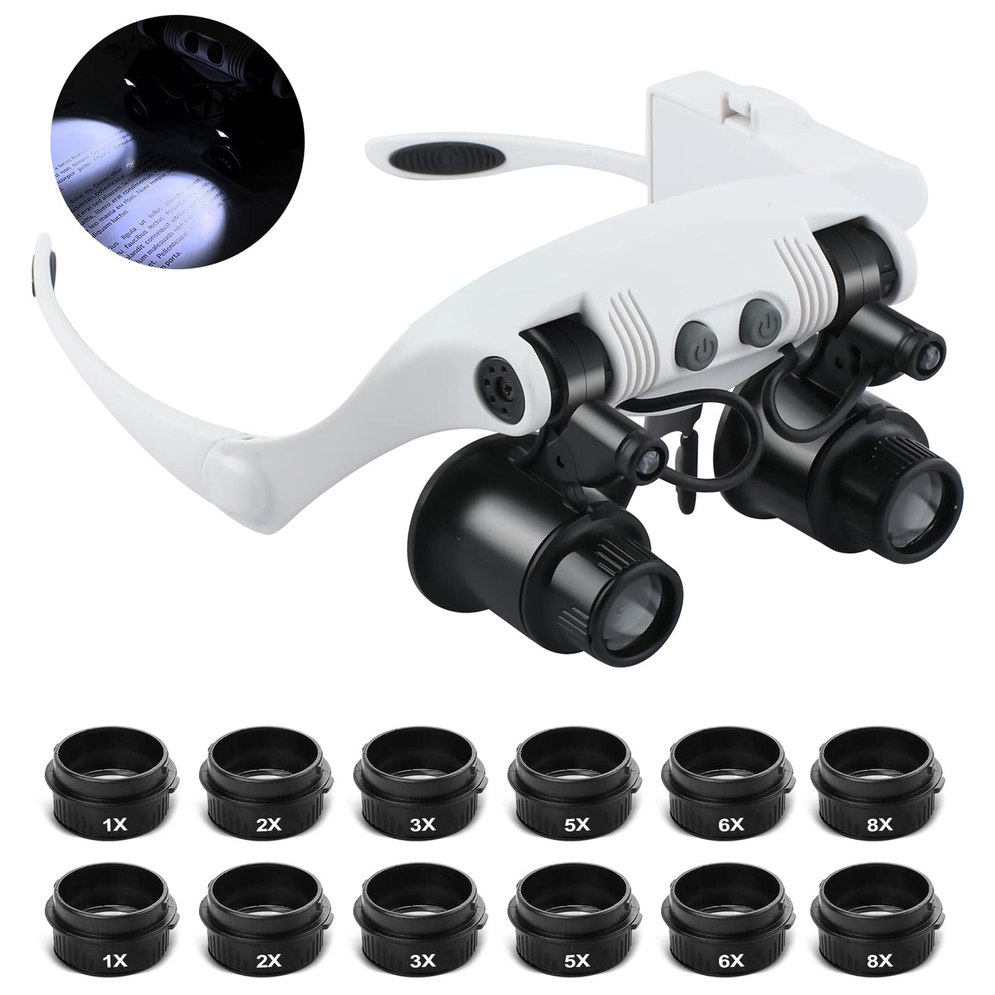 Hands Free Head Magnifying Glasses, Magnifier with Light, 1X, 2X, 3X, 5X, 6X, 8X, Ideal for Jewelry, Eyelash Extensions, Soldering, Craft, Cross Stitch