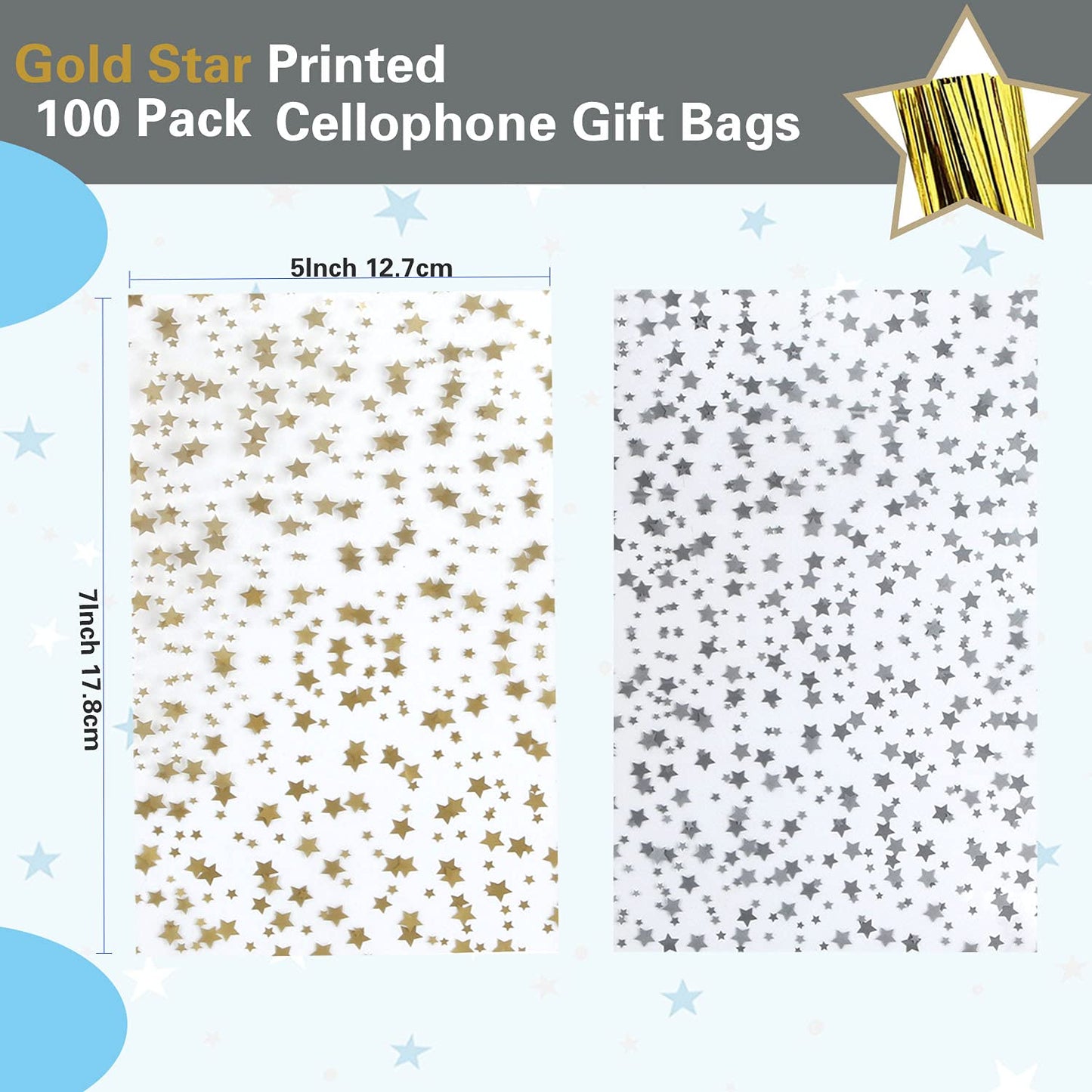 COQOFA 100 Pcs Star Printed 5"X 7" Gift Wrap Cello Cellophane Treat Bags Party Favor bags Clear Candy Cookie Bags Plastic Poly Goodie Storage Bags with Twist Ties for Bakery,Birthday, Wedding,Party