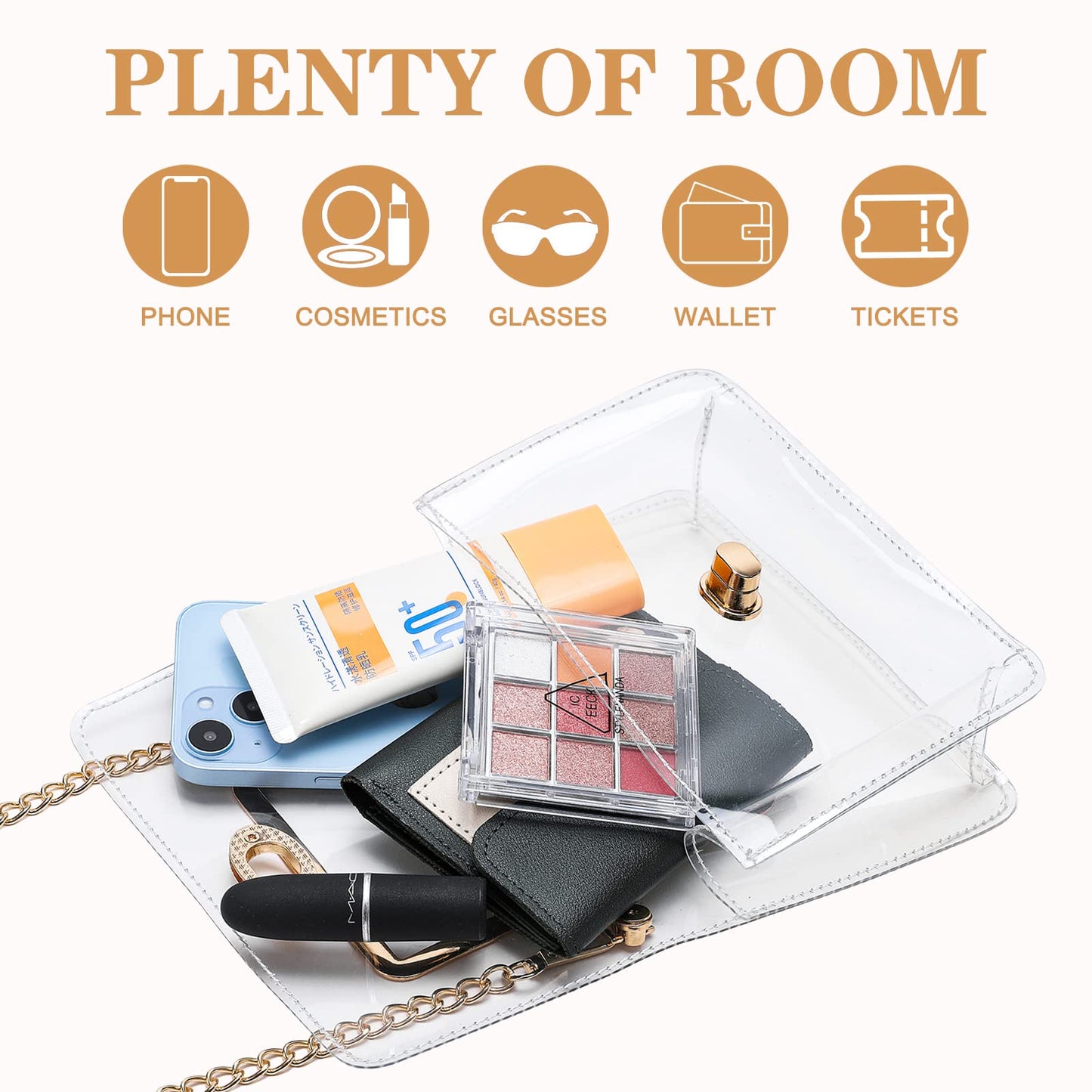 YueBags Clear Purse Stadium Approved for Women,Small Clear Bag Crossbody,Clear Clutch Handbag for Concert,Gameday(Golden)