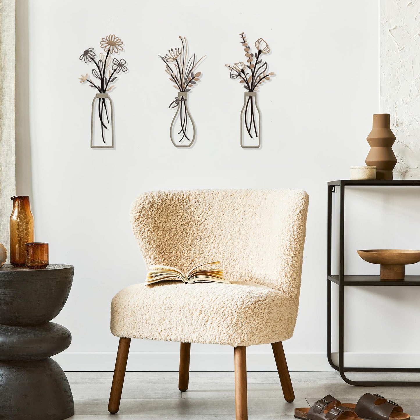 3 Pieces Metal Flowers Wall Arts - Rustic Farmhouse Style Décor Metal Wall Art Black Minimalist Flower Natural Themed Wall Decors for Home Bedroom Dining Room Housewarming (Brown)