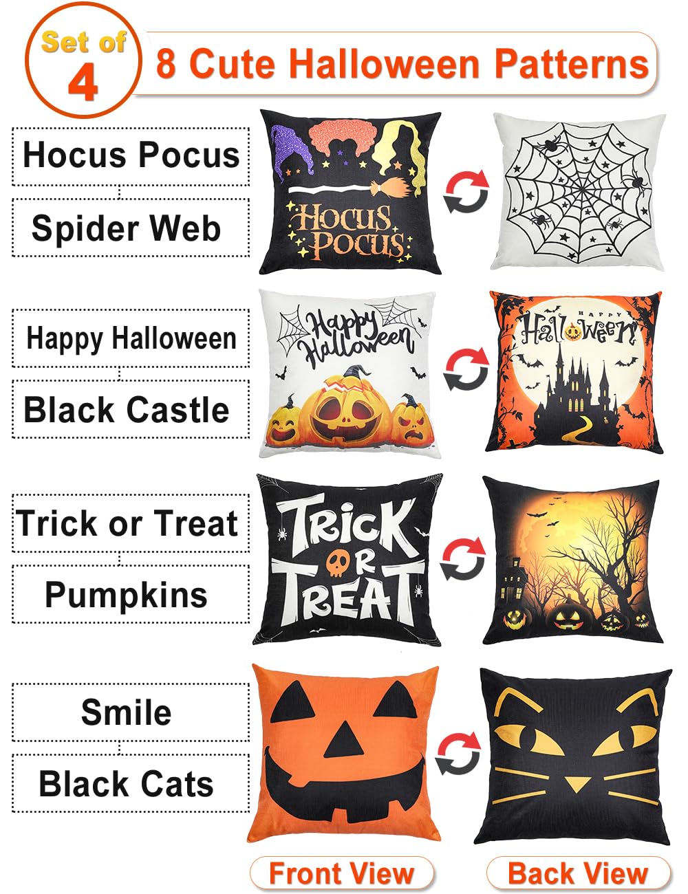 Halloween Decorations Set Of 4 Double-Sided Print Pillow Covers 18" x 18", with 8 Cute Halloween Decor Patterns, Elegant Invisible Zipper, Soft Linen Throw Pillow Covers for Outdoor & Indoor Use