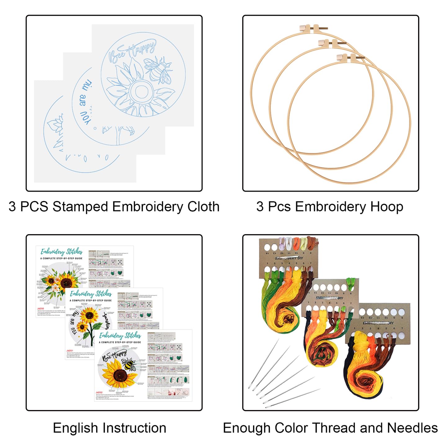 Louise Maelys 3 Sets Sunflowers Embroidery Kit for Beginners,Cross Stitch Kits for Adults with Summer Flowers Bee Stamped Pattern,Starters Needlepoint with Embroidery Instruction