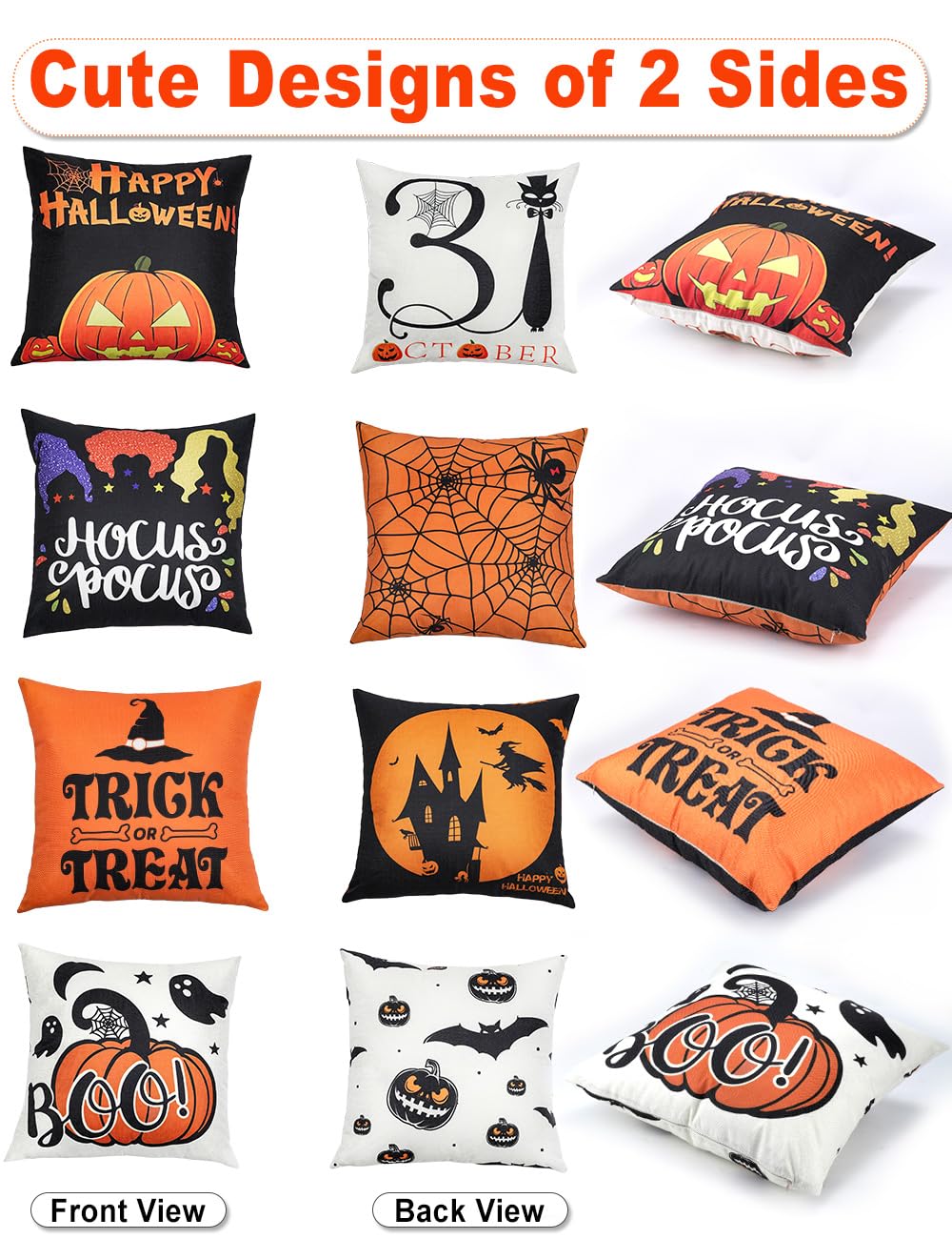 Halloween Decorations Double-Side Printing Pillow Covers 18'' x 18'' Set of 4, with 8 Cute Halloween Decor Patterns, Invisible Zipper, Durable Soft Linen Throw Pillow Covers Outdoor Indoor