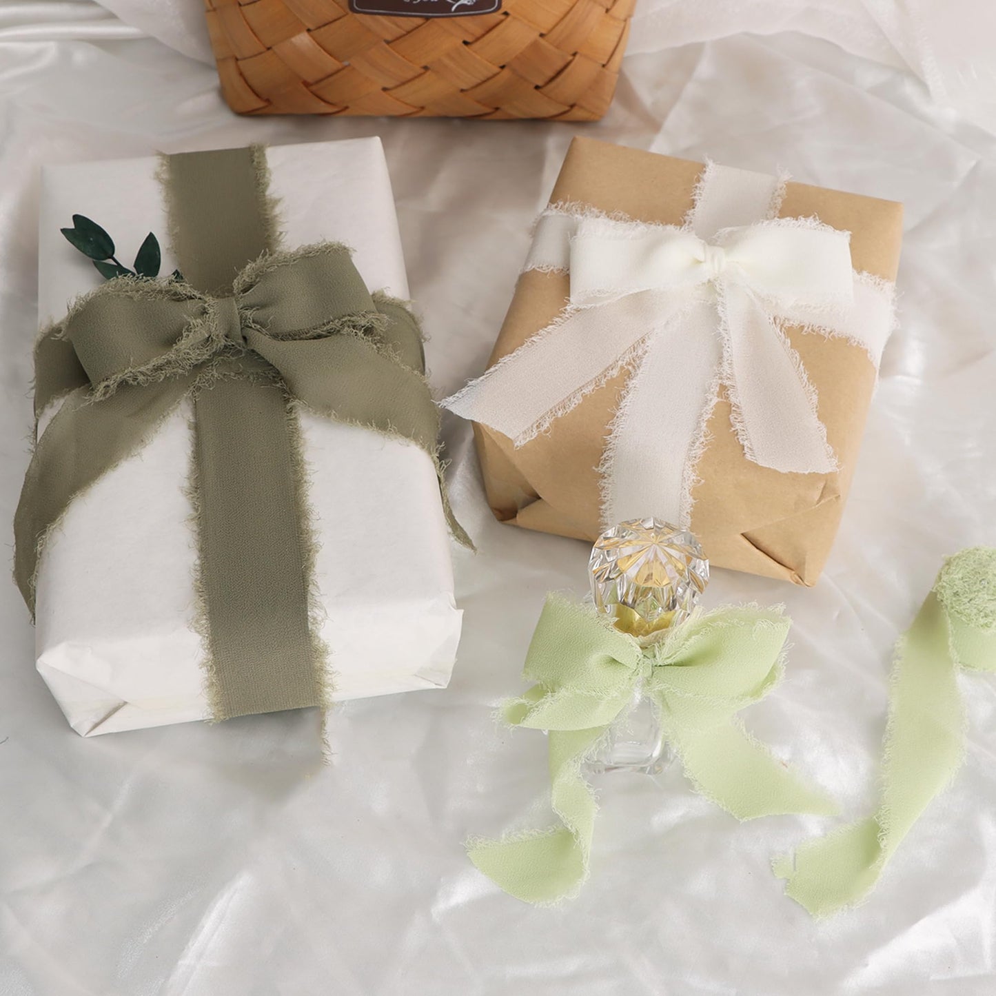 4 Rolls Silk Chiffon Ribbon, 1-1/2 Inch x 22yds, Sage Green Chiffon Ribbons Set, Handmade Fringe Silk Ribbon for Gift Wrapping Bridal Bouquets Wedding Invitations Decoration Crafts