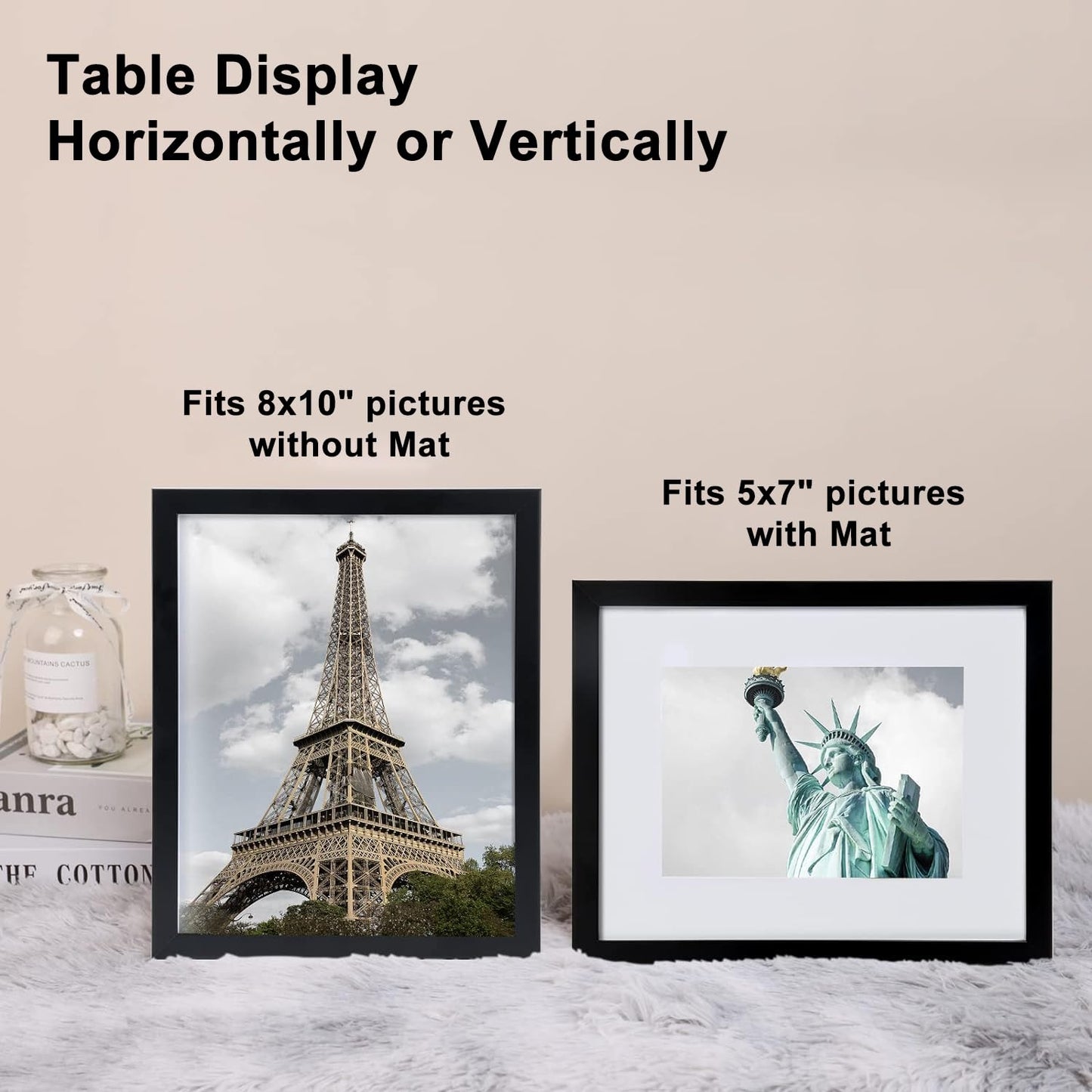 8x10 Picture Frame Set of 6, Display Pictures 5x7 with Mat or 8x10 Without Mat for Tabletop Display and Wall Mounting, Black
